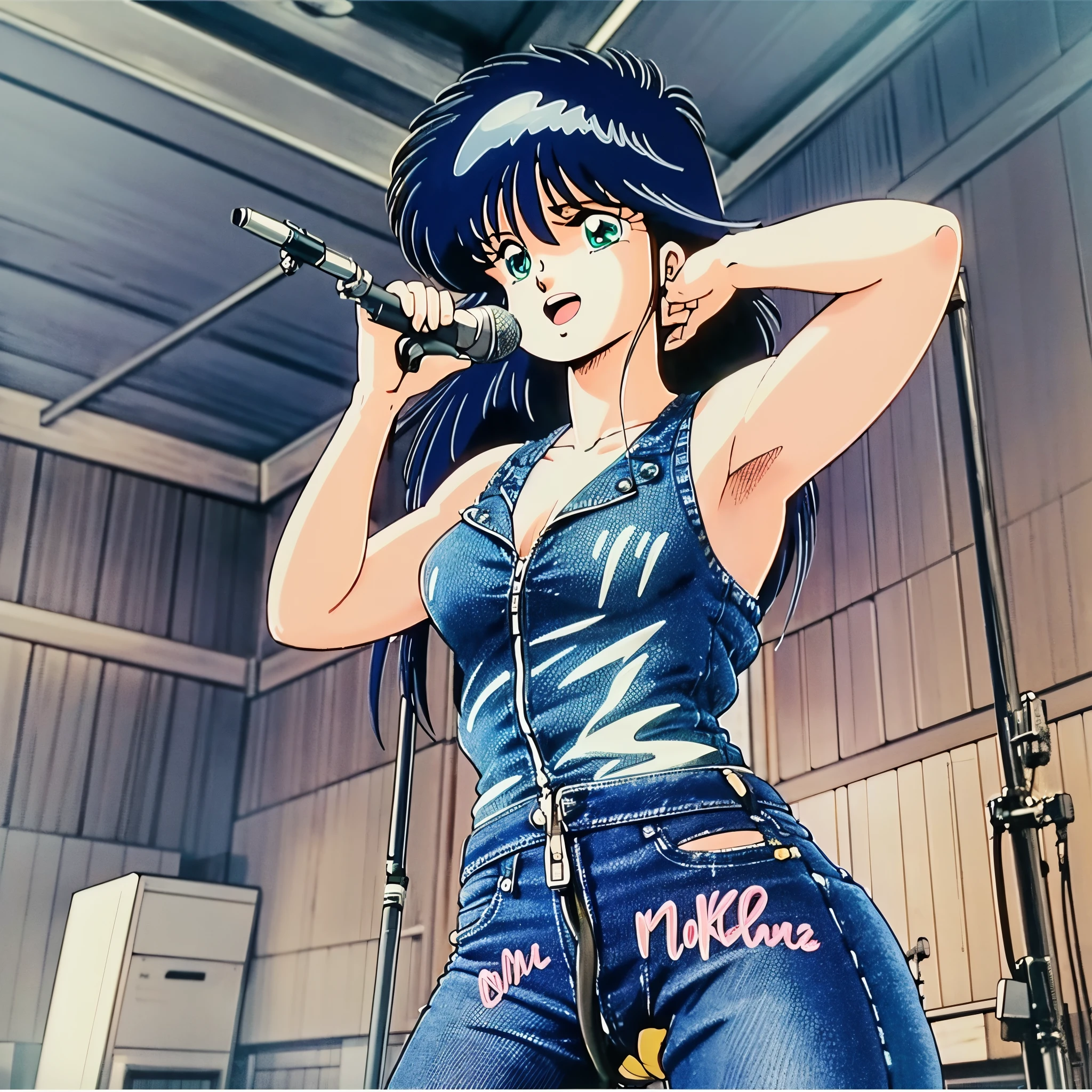 Madoka, only denim vest on bare skin, singing with a microphone, dark blue hair, white backgroundless, perfect body,