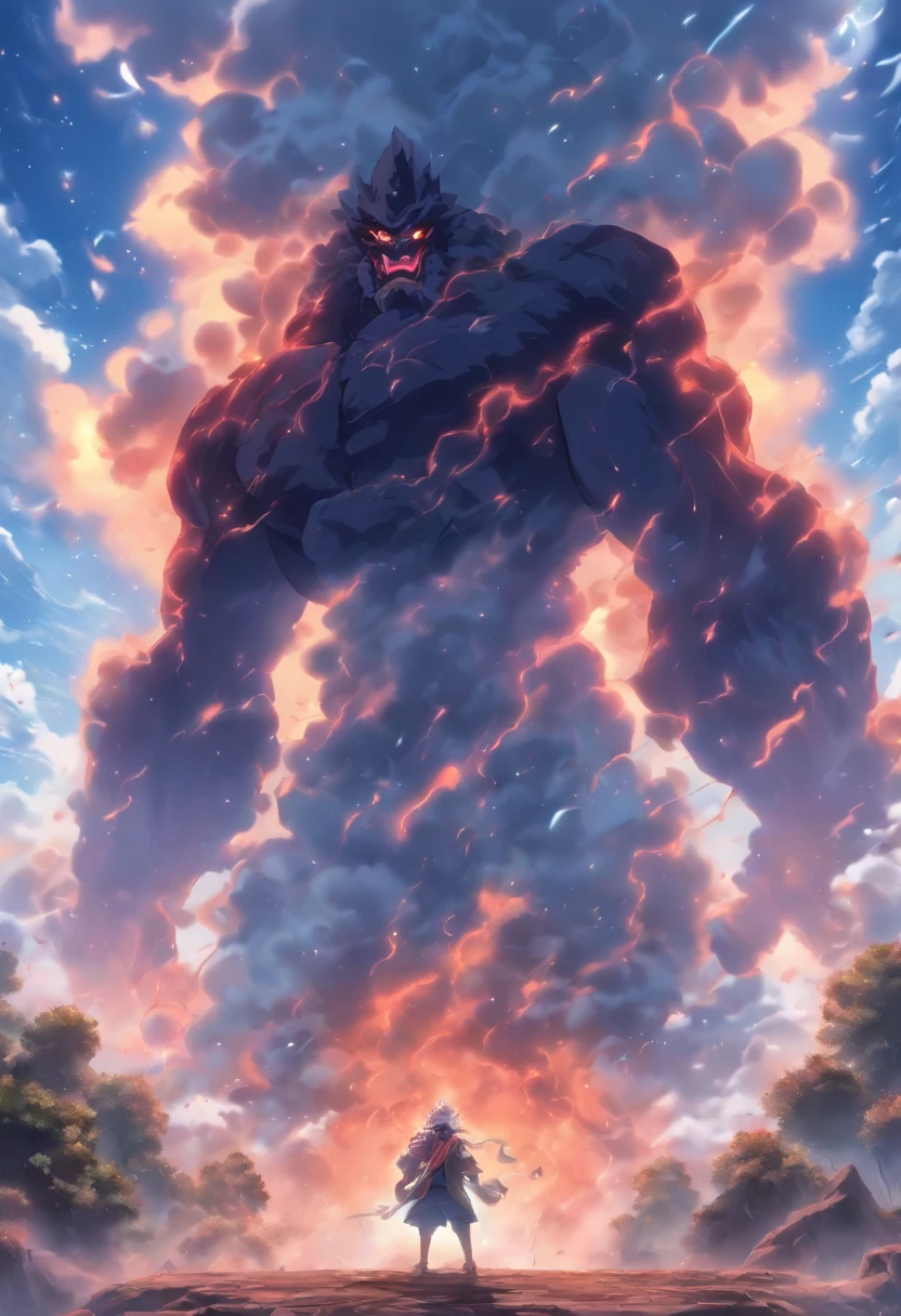 Best quality at best，tmasterpiece，8K，detailed detail，hyper-high detail，Mountain giant，Rock giant，Humanoid monster made of rock，jogging，Holding a huge gavel in hand，The earth cracks，废墟，with smoke and dust filling the air，Smoke surrounds，The body passes through the clouds，NOhumans