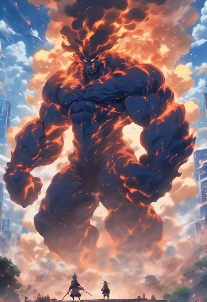 Best quality at best，tmasterpiece，8K，detailed detail，hyper-high detail，Mountain giant，Rock giant，Humanoid monster made of rock，jogging，Holding a huge gavel in hand，The earth cracks，废墟，with smoke and dust filling the air，Smoke surrounds，The body passes through the clouds，NOhumans