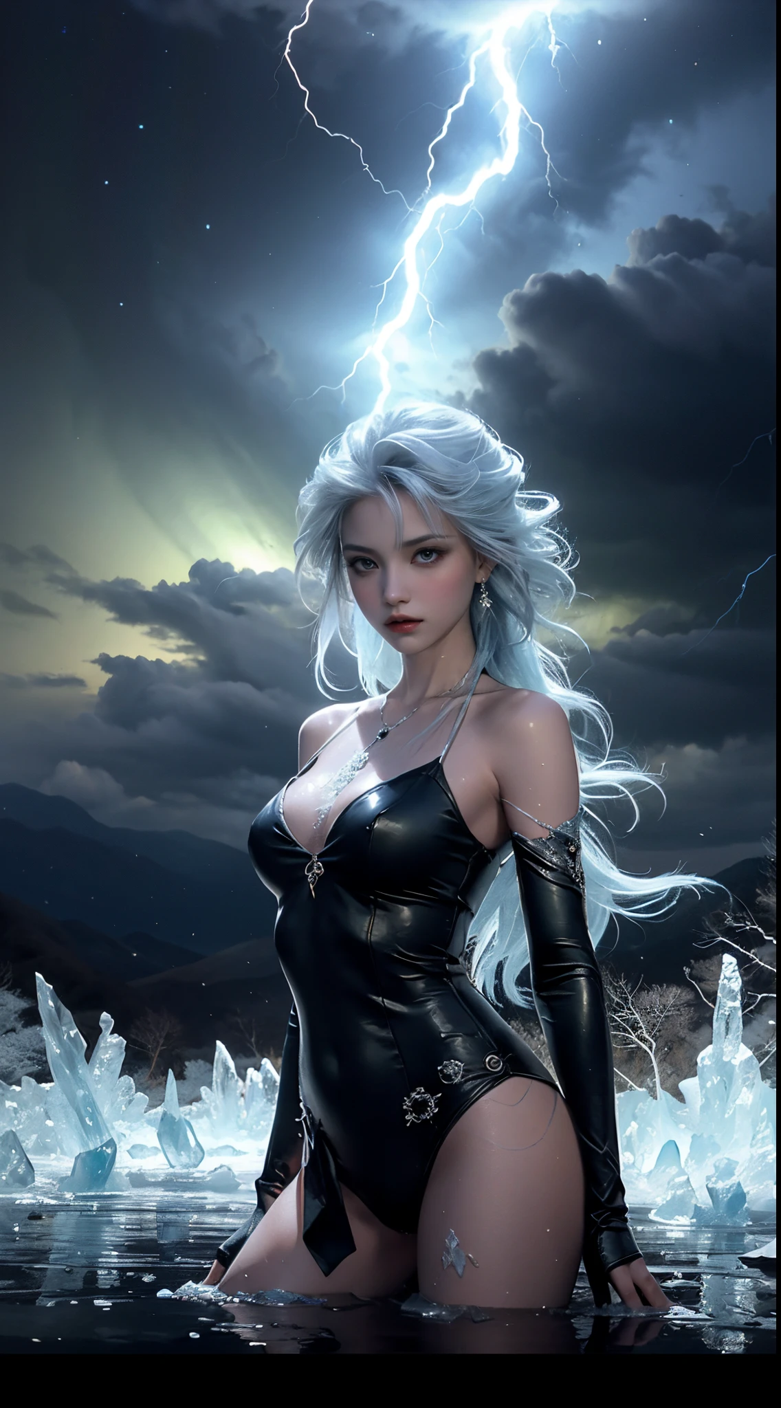 1个Giant Breast Girl, (Lingering:1.2), a beautiful woman, Elegantly frozen in an exquisite waterfall, Translucent ice, Reflecting the ethereal beauty. She stands in a dreamlike scene,The ice surface shines with a dreamy light, Create an otherworldly aura. The image evokes a surreal fairy tale, Integrating the fragile beauty of ice with cinema, mysterious atmosphere. elements such as storms, The concept of disappearance and revolution, A ray of light in the brief night enriches the scene. Fallen blue frozen flowers and blue, Expressive yet sexy demeanor lifts mood. Background in frozen white tones, Cosmic background radiation, and airflow from below., Added mystery. White auroras light up the cracked sky, Complete this stylish fashion photo in an ethereal way, Otherworldly elegance,