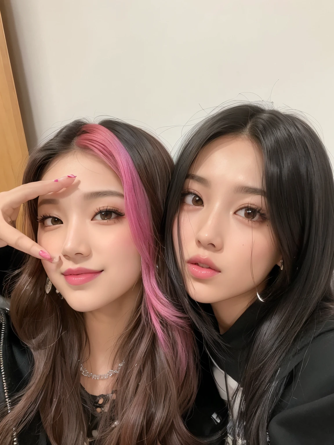 Dos mujeres con cabello rosado posando para una foto con los dedos en el aire., rosa negro, Jossi de Blackpink, Jisoo de Blackpink, con negro, Jisoo de Blackpink, Retrato Jisoo Blackpink, Parque Roseanne de Blackpink, dos veces, con cabello rosado, Blackpink Jennie, (colores rosas), Nixeu y Sakimichan, tzuyu de dos veces, UWU