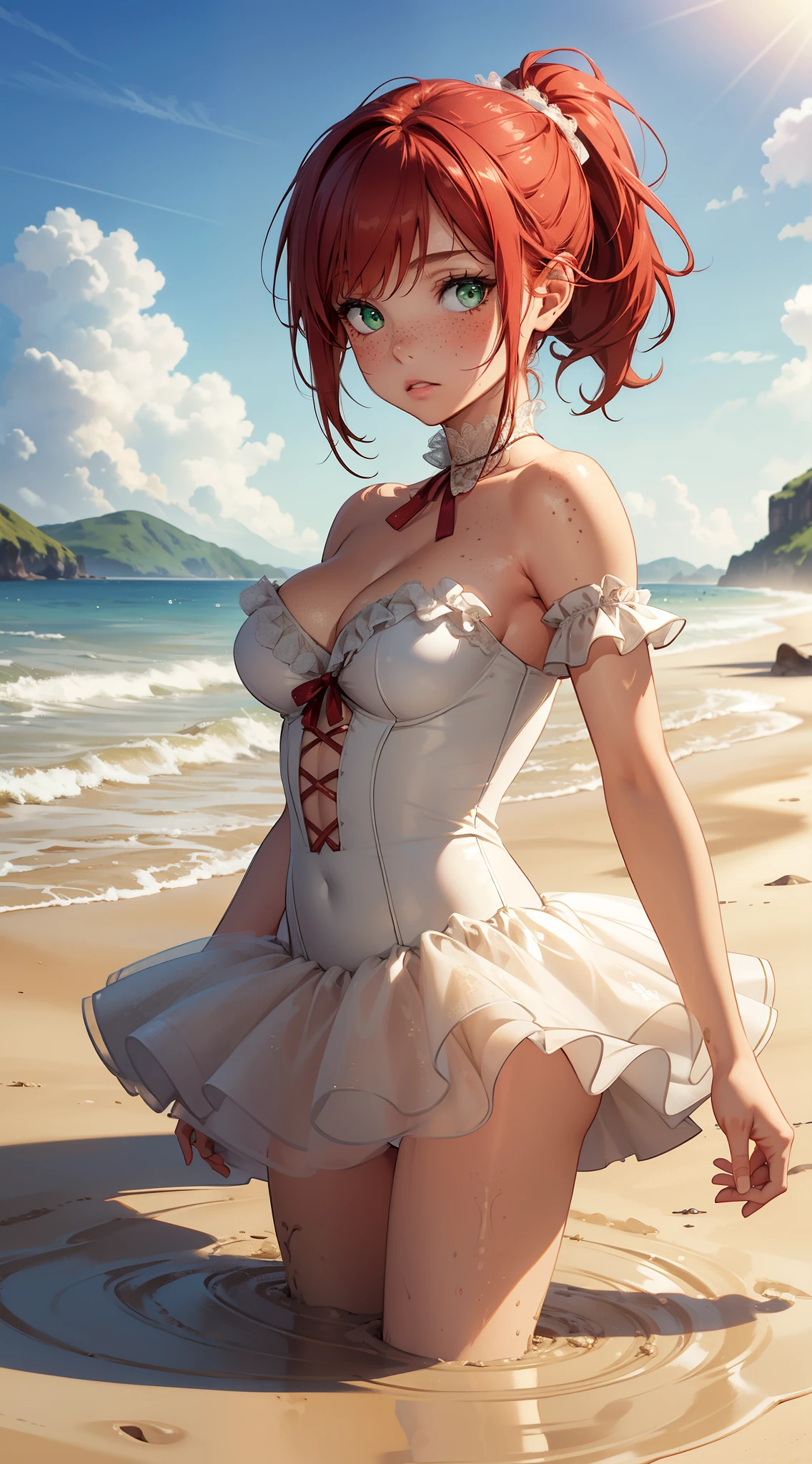 1girl, natural lighting, masterpiece, highly detailed, illustration, game CG, absurdres, high quality, redhead, green eyes, freckles, glossy lips, blush, ponytail, beach, white strapless lace-up leotard, standing, tutu, (medium breasts), (quicksand:1.4)