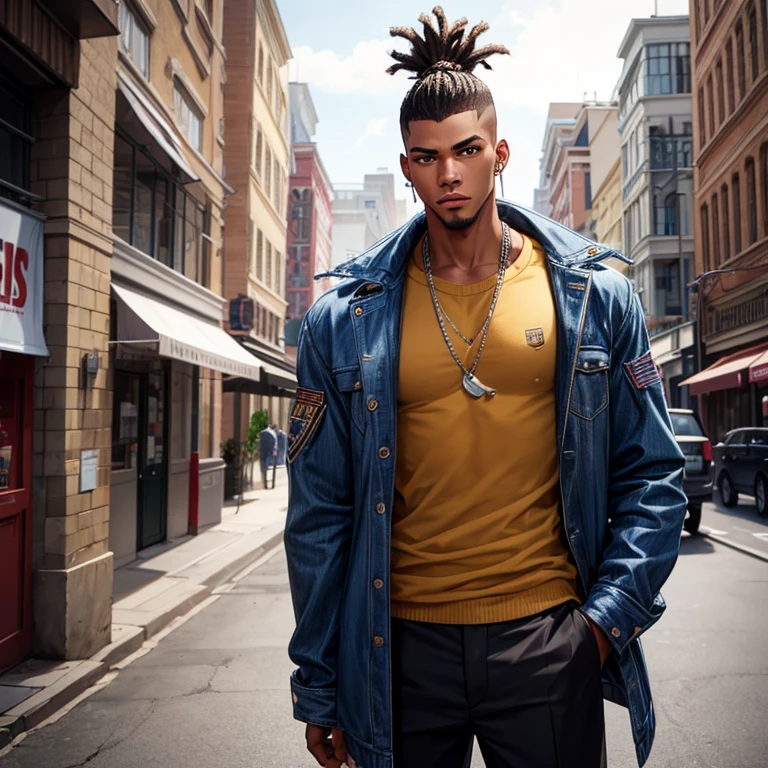 best quality, detailed, African american, male, standing alone, short dreadlocks, wearing a jacket, shaved sides, athletic build