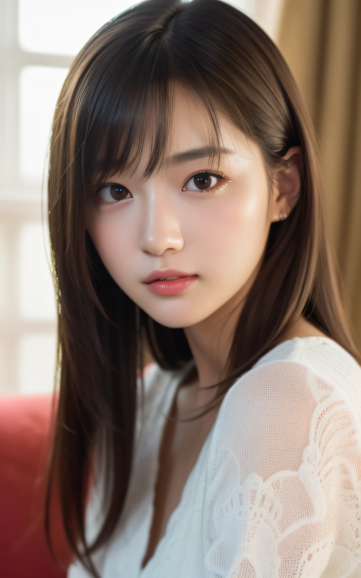 (Photo Real:1.4), (hyper realisitic:1.4), (Smooth lighting:1.05), 1 girl, (sad:1.4), Mouth slightly open, Neat and clean beauty, 22 years old, Soft lighting, Back lighting, (cheerfulness:1.2), (Finest Real Textured Skins), Narrow-eyed, Super fine face, glowy skin, retinas, Anatomically correct, acurate, Super Detail, Textured skin, High quality, high details, Best Quality, High resolution, livingroom, Medium Hair, Bangs, Blouse