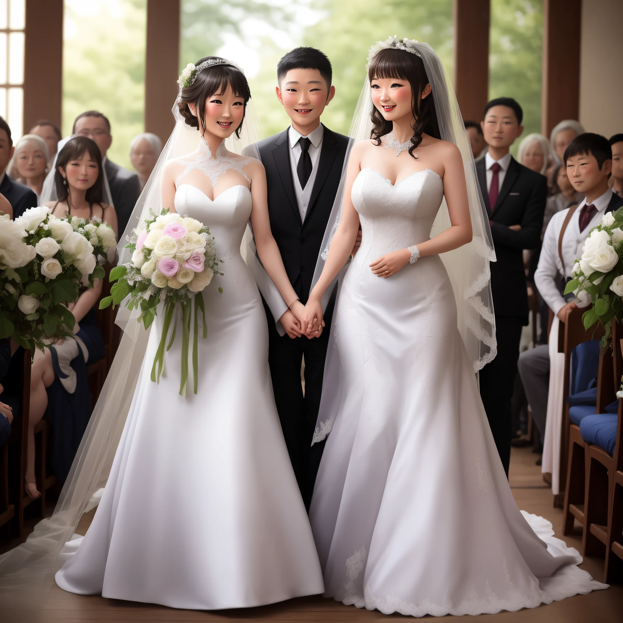 masterpiece, ((Highest quality))、wedding、(3 人のcute裸の女の子、Standing side by side、cute:1.4、:1.3、smile:1.3、smile、Various hairstyles、pubic hair)、(((Full nudity、Small breasts、Pussy)))、(Realistic and detailed skin texture、Colorful Wedding Dresses:1.2、gem、hair ornaments、Veil、See through)