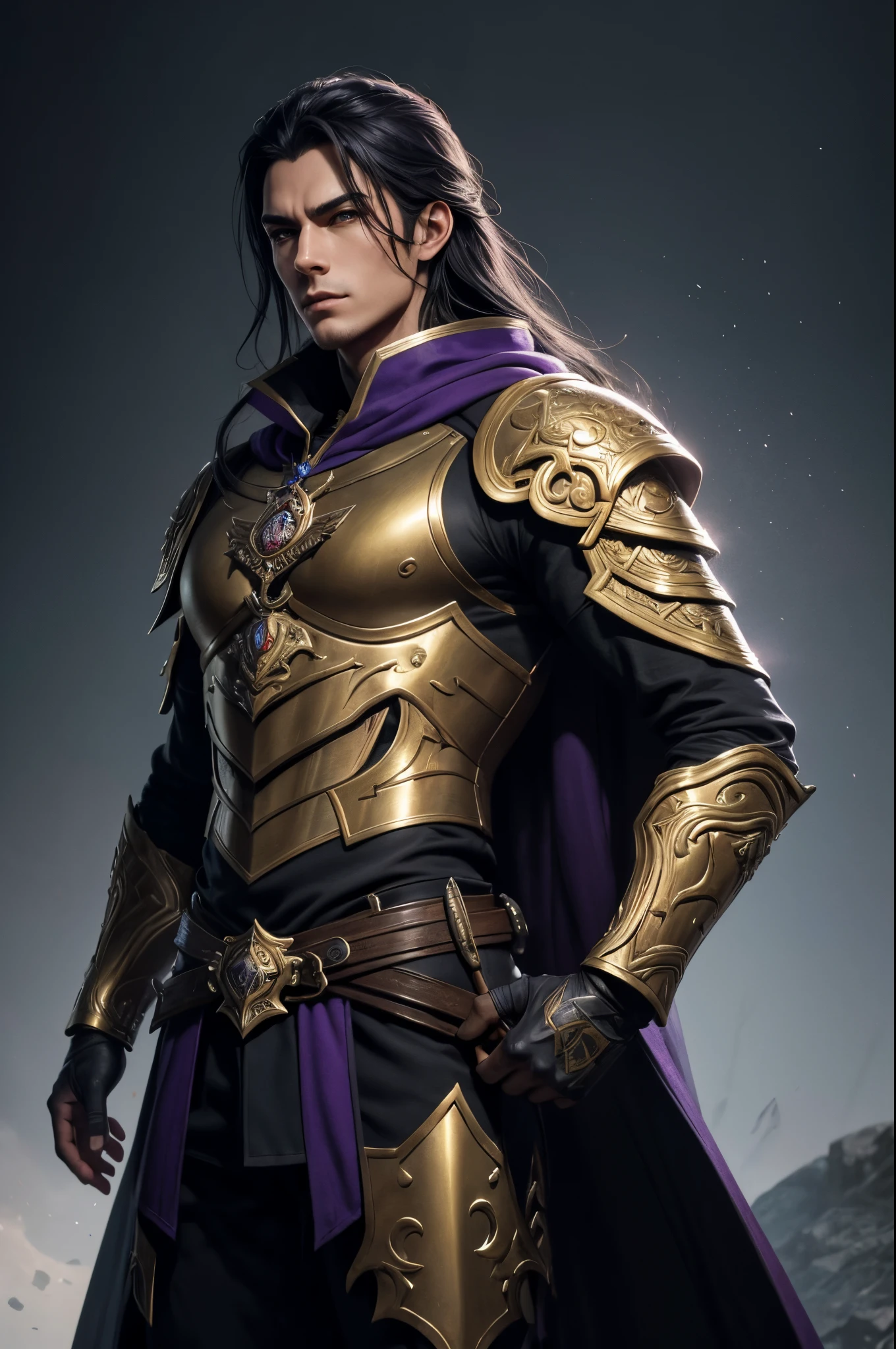 8K,A cool young man from Arafe wearing armor with two swords and a sword., cool super handsome,A demon slayer wearing luxurious jet-black armor.,two golden horns,Long black hair with white mesh color,Slender, muscular and macho body,Luxurious and precise heraldic work(Golden coat of arms)Beautiful youth(Like the real thing)super realistic skin,by Yang J, neoartcore and charlie bowater, charlie bowater character art, Stunning character art, epic exquisite character art, Altgerm and Ilya Kushinov, very detailed Artgerm, charlie bowater and artgerm, by ruan jia and stanley artgerm,超A high resolution,Beautiful expression,portraitures(​masterpiece)Emits a strong and intense purple aura from the entire body.(Intense purple effect)