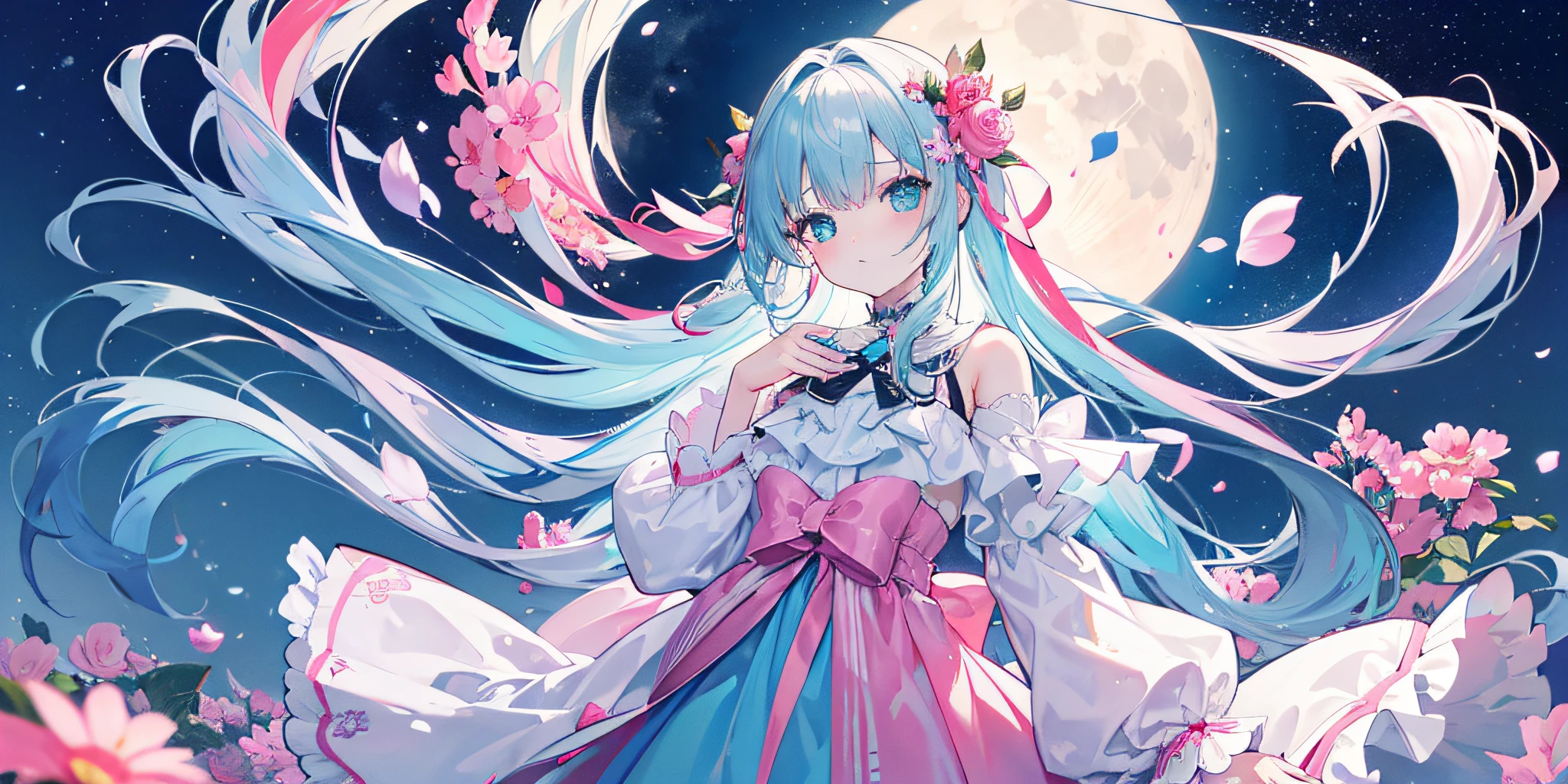 tmasterpiece, Best quality at best, in summer, full_themoon, Art Book,Art books, girl, long whitr hair, two tone color hair, looking at viewert, Cute face, Water-colored eyes, Pink transparent long dress, flower ribbon, tilt of the head, 🌕
,