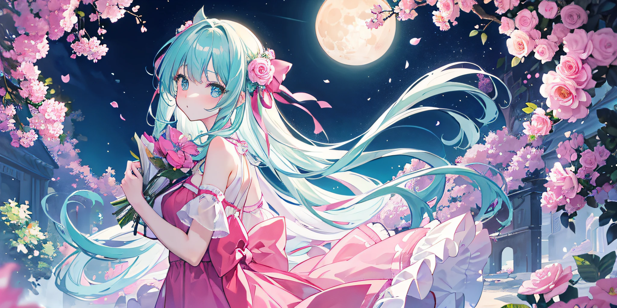 tmasterpiece, Best quality at best, in summer, full_themoon, Art Book,Art books, girl, long whitr hair, two tone color hair, looking at viewert, Cute face, Water-colored eyes, Pink transparent long dress, flower ribbon, tilt of the head, 🌕
,