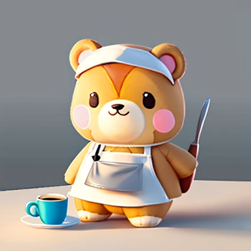 A cute cartoon bear, its clothes are white, it is tied with an apron, a cup of coffee over its head, simple line art, animal crossing characters, simple line art, silhouette sketch, strong line art, line art, silhouette art, cute characters