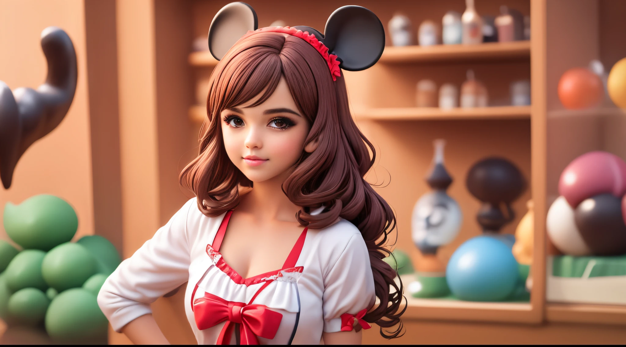 Modelo Disney, menina, cabelo preto, rosto redondo, olhar meigo, roupa de treino