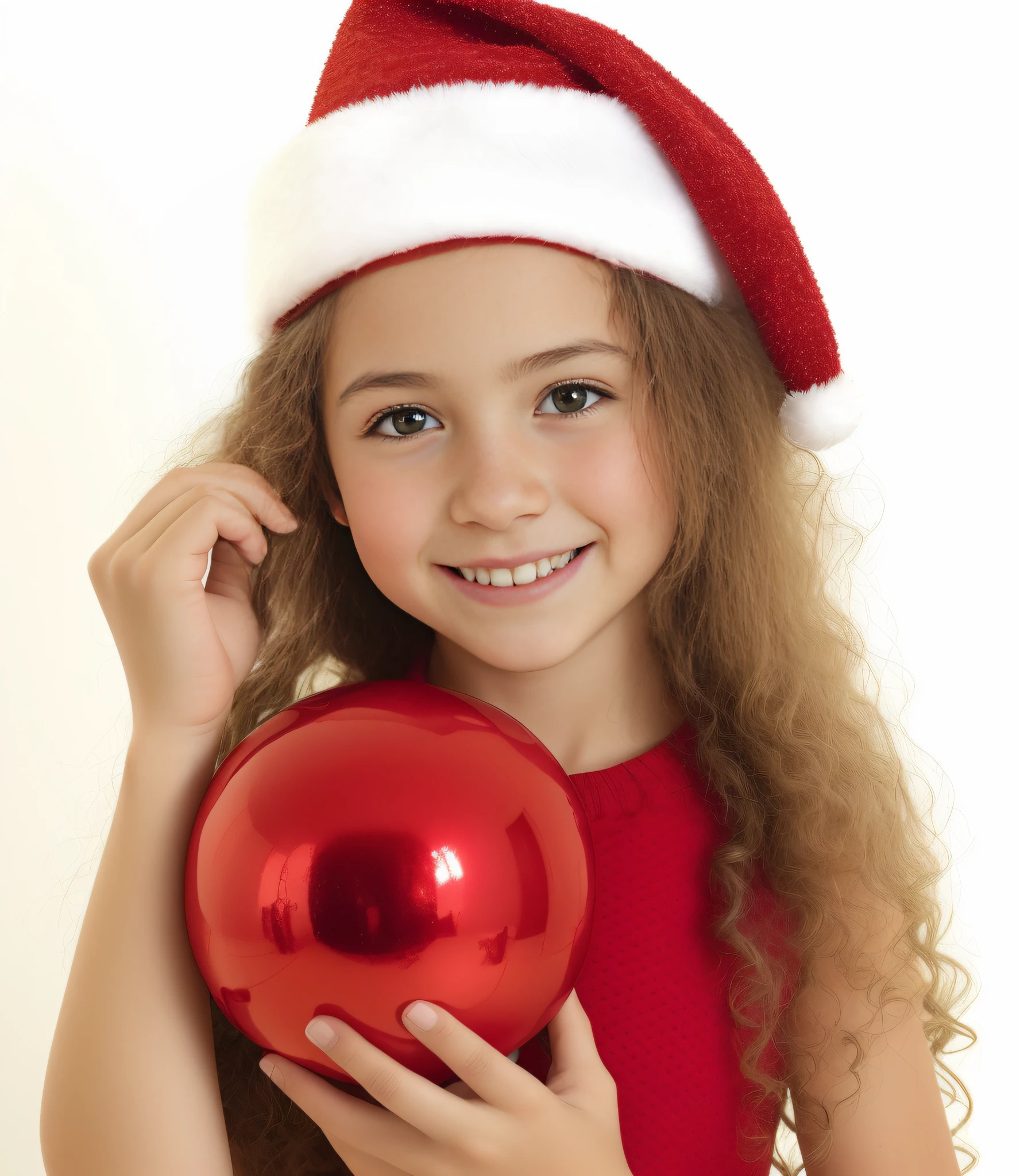 puffy girl in a Santa hat holding a red ornament, wearing a santa hat, wearing santa hat, garotada, Natal, garota, cabrito, usando roupas festivas, segurando um sino, Giro, menina jovem bonito, red dress and hat, Garotinha, menina jovem e bonito, Santa, menina elfo adolescente, childrens, foto comercial do brinquedo, childrens, Foto de Stock