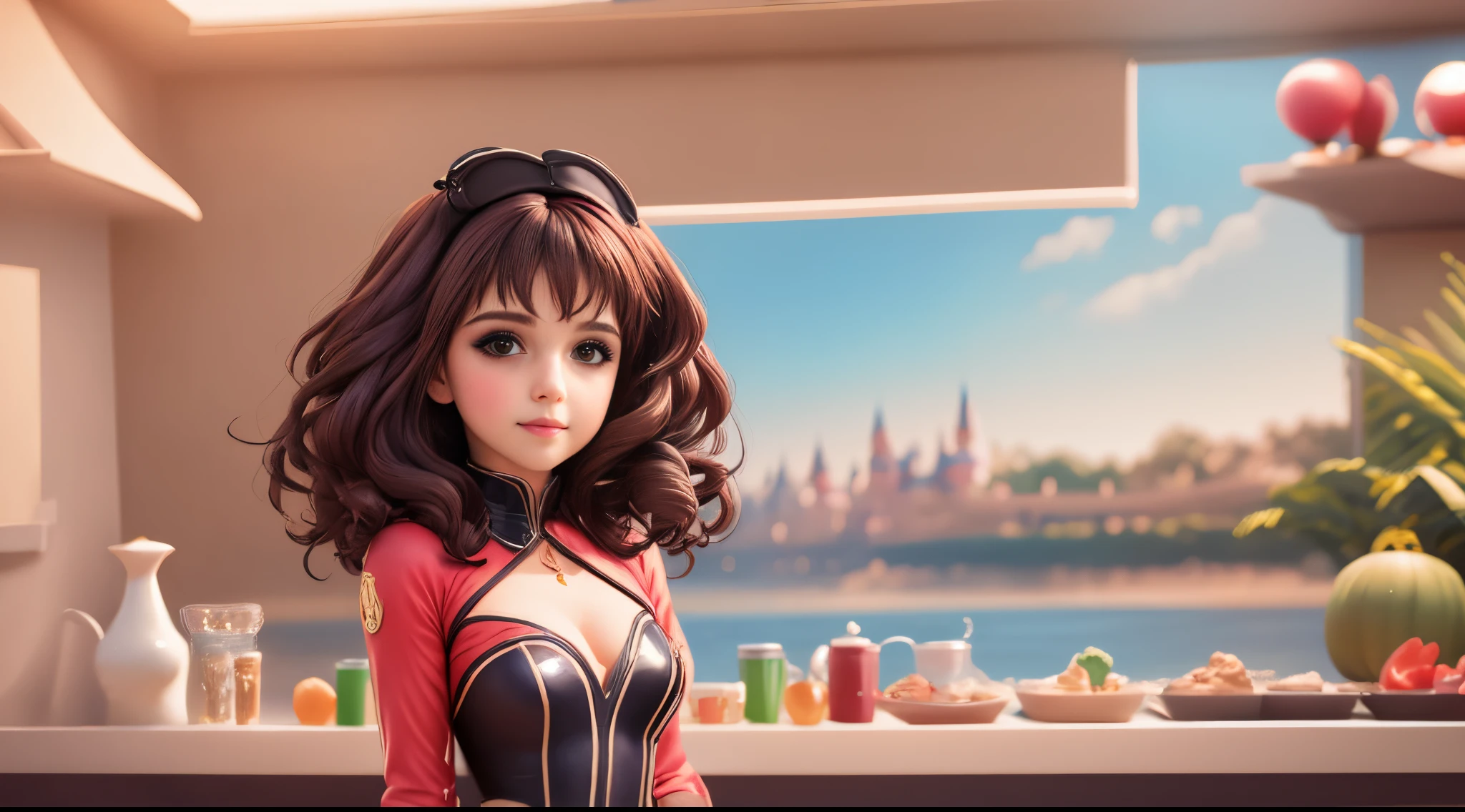Modelo Disney, menina, cabelo preto, rosto redondo, olhar meigo, roupa de treino