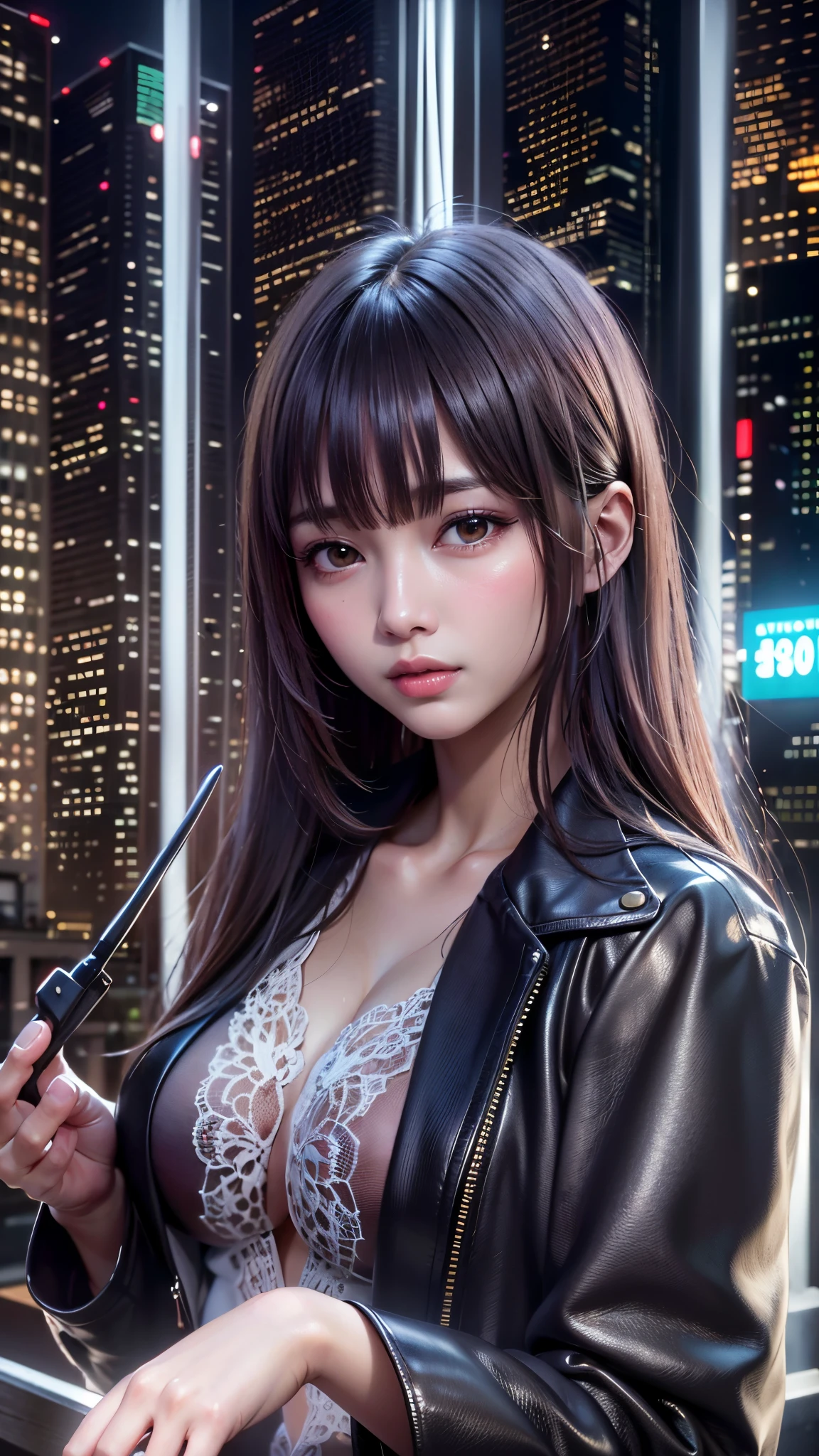1 beautiful young girl, Super beautiful detailed face、 Symmetrical black eyes), hime cut hair, (Fine face:1.2), High quality, Realistic, Highly detailed CG unified 8K dendenden wallpaper, Highly detailed, High-definition raw color photos, Professional Photography, Realistic portrait, Cinematic Light, Beautiful detailed, Super Detail, high details, depth of fields, semi long hair、(thighs thighs thighs thighs、beauty legs)、Bare legs、 Super beautiful detailed face, (KPOP Idol Face),(Best Quality, 4K, 8K, hight resolution, masutepiece:1.2), Ultra-detailed, (Realistic, Photorealistic, Photorealsitic:1.37), (Beautiful detailed eyes, Beautiful detailed lips, extremely detailed eye and face), (Big Tits, ultra gigantic tits, Glamorous body), ((Black leather clothing、Black leather long coat)),(Long black straight hair, Shiny hair, Shiny skin), (Holding a weapon in your hands)、((Sharp eyes))、(midnight cyberpunk city)、(pointing weapon at the viewer)、(Midnight City)、Midnight City、leather thimble gloves、Dark