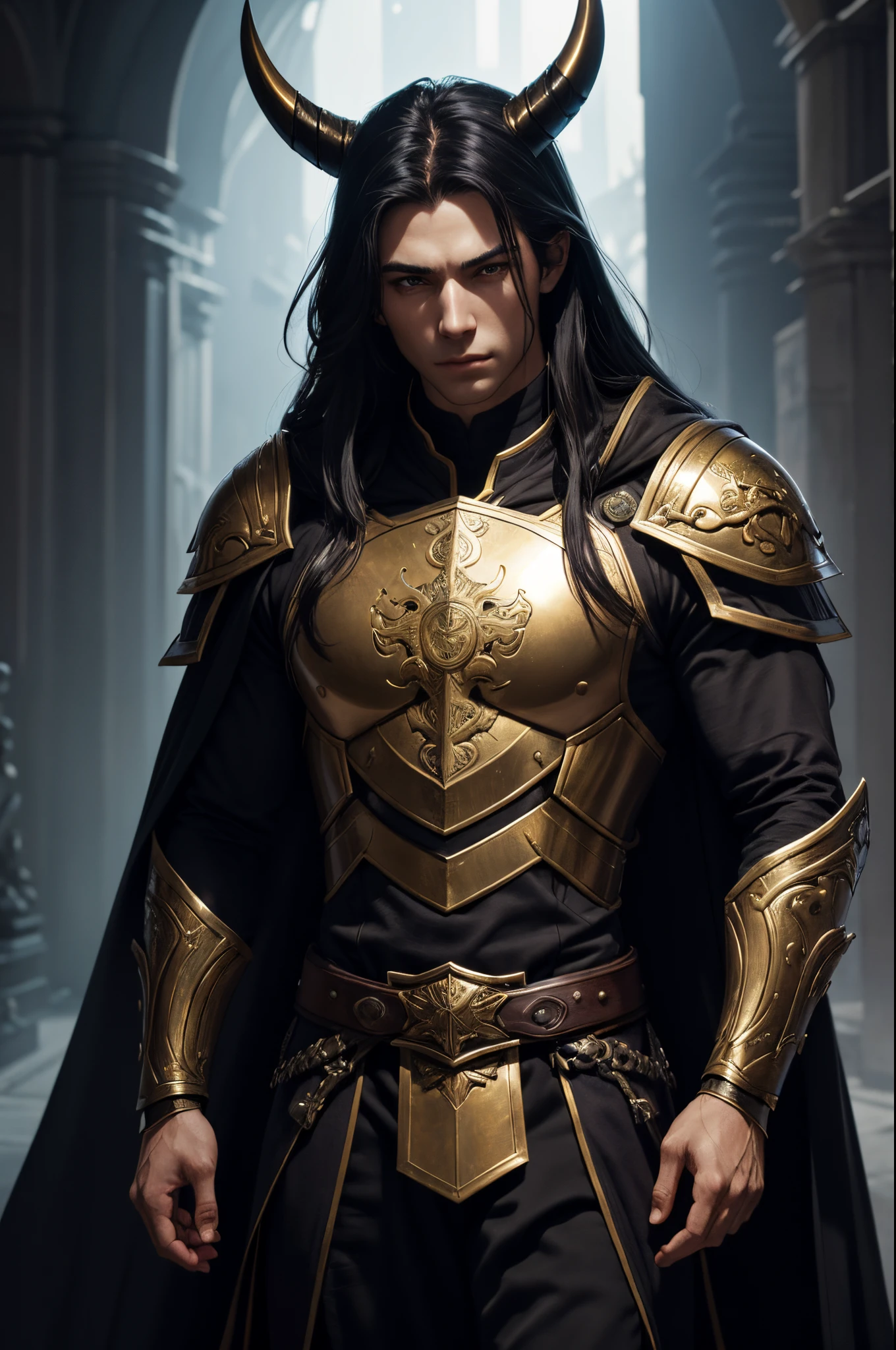 8K,A cool young man from Arafe wearing armor with two swords and a sword., cool super handsome,A demon slayer wearing luxurious jet-black armor.,two golden horns,Long black hair with white mesh color,Slender, muscular and macho body,Luxurious and precise heraldic work(Golden coat of arms)Beautiful youth(Like the real thing)super realistic skin,by Yang J, neoartcore and charlie bowater, charlie bowater character art, Stunning character art, epic exquisite character art, Altgerm and Ilya Kushinov, very detailed Artgerm, charlie bowater and artgerm, by ruan jia and stanley artgerm,超A high resolution,Beautiful expression,portraitures(masterpiece)Emits a strong and intense purple aura from the entire body.(Intense purple effect)ruins,