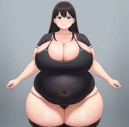 (Huge cleavage:1.5)，Black ripped pantyhose，overweight obese body（3.9），Abdominal obesity，abdominal sagging，（Belly Obesity 5.6），The clothes were tattered，Abdominal obesity，bbw、 Plump curves、Soft and round，Severe fat accumulation，Difficulty in action，squatt，Severe accumulation of crude fat in thighs，hugs，prengant，Biggest belly during pregnancy，Multiples filling the uterus，Multiple births，Uterine expansion rules_'s_two thirds, 1+ Those girls, Extreme obesity, (Abdominal obesity):1.8, (Fat legs):1.5, Fatty rolls, Huge SSBBW body, Huge abs, Soft big fat belly, Cute fat woman face, Sensual posture, soft fat thighs, Soft fat legs,  soft fat arms， Light-colored blush creates charming eyes, SFW, fat tears clothes