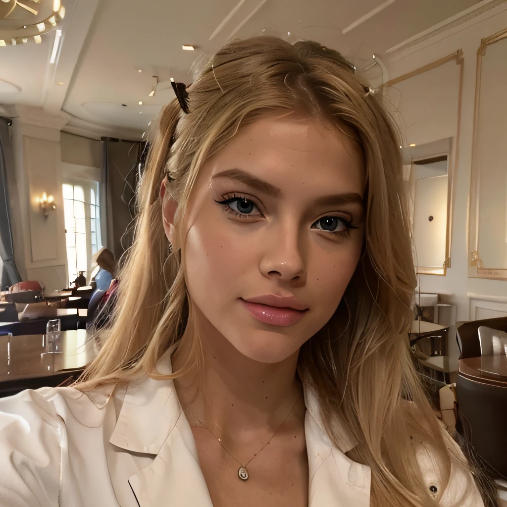 femme blonde pour un selfie, Alexa Grace, selfie d&#39;humeur pour instagram, Ultra Definition, (photoreallistic: 1.4), Photographie selfie 8k, extremely beautiful face, cheveux blonds et grands yeux, belle fille blonde, visage avec maquillage complet, Detailed perfect face, very pretty face, dans un restaurant, prendre un cappuccino, with clothes