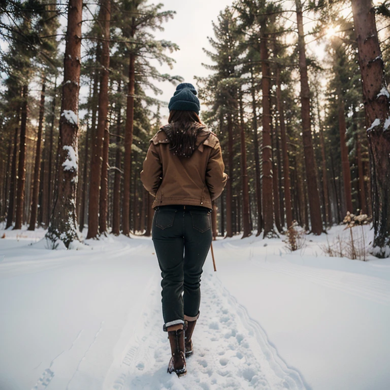 woman, 24 years old, from behind, brown hair, beanie, thick jacket, wide pants, outside, winter, snow, boots, slim, realistic photo, 4K, HD, realistic photo, three-quarter view, full body, forest, walking, looking in front of her, forest, realistic photo, 4K, high definition.