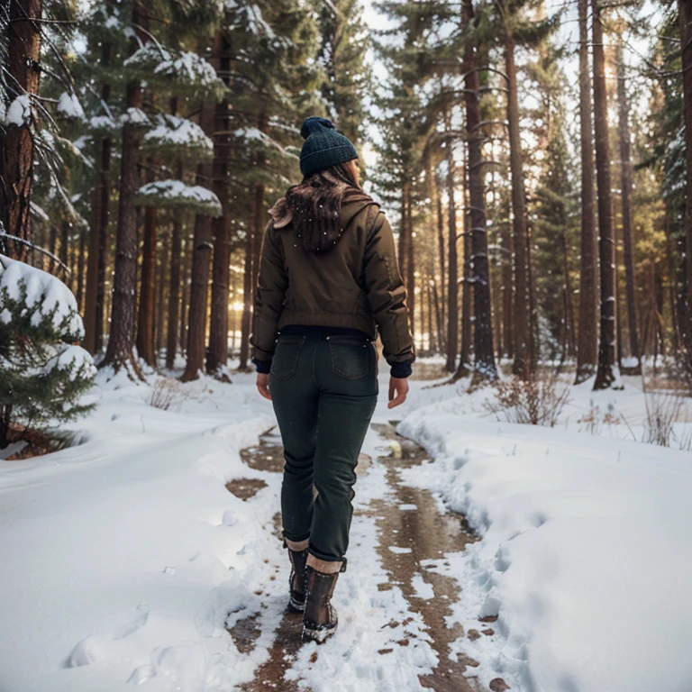 woman, 24 years old, from behind, brown hair, beanie, thick jacket, wide pants, outside, winter, snow, boots, slim, realistic photo, 4K, HD, realistic photo, three-quarter view, full body, forest, walking, looking in front of her, forest, realistic photo, 4K, high definition.