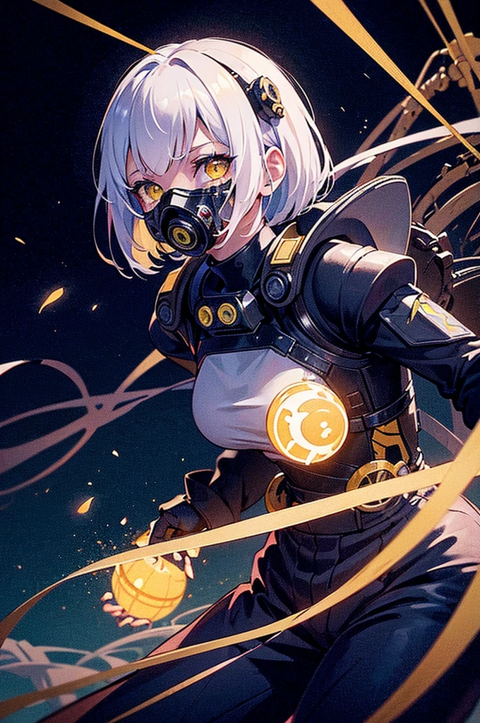 (masutepiece:1.2,High quality), 1girl in, ((super realistic details)), Global Illumination, shadowy, Unreal Engine, Octane Render, 8K, ultrasharp, Metal, Convoluted, ornaments detailed, highly intricate detail, Yellow eyes, (Mechanical body:1.2), White hair, (Black Gas Mask), gear, bob cuts, Hundreds of wires, Terrans, (机器人, android:1.15), Apocalypse, Broken Buildings