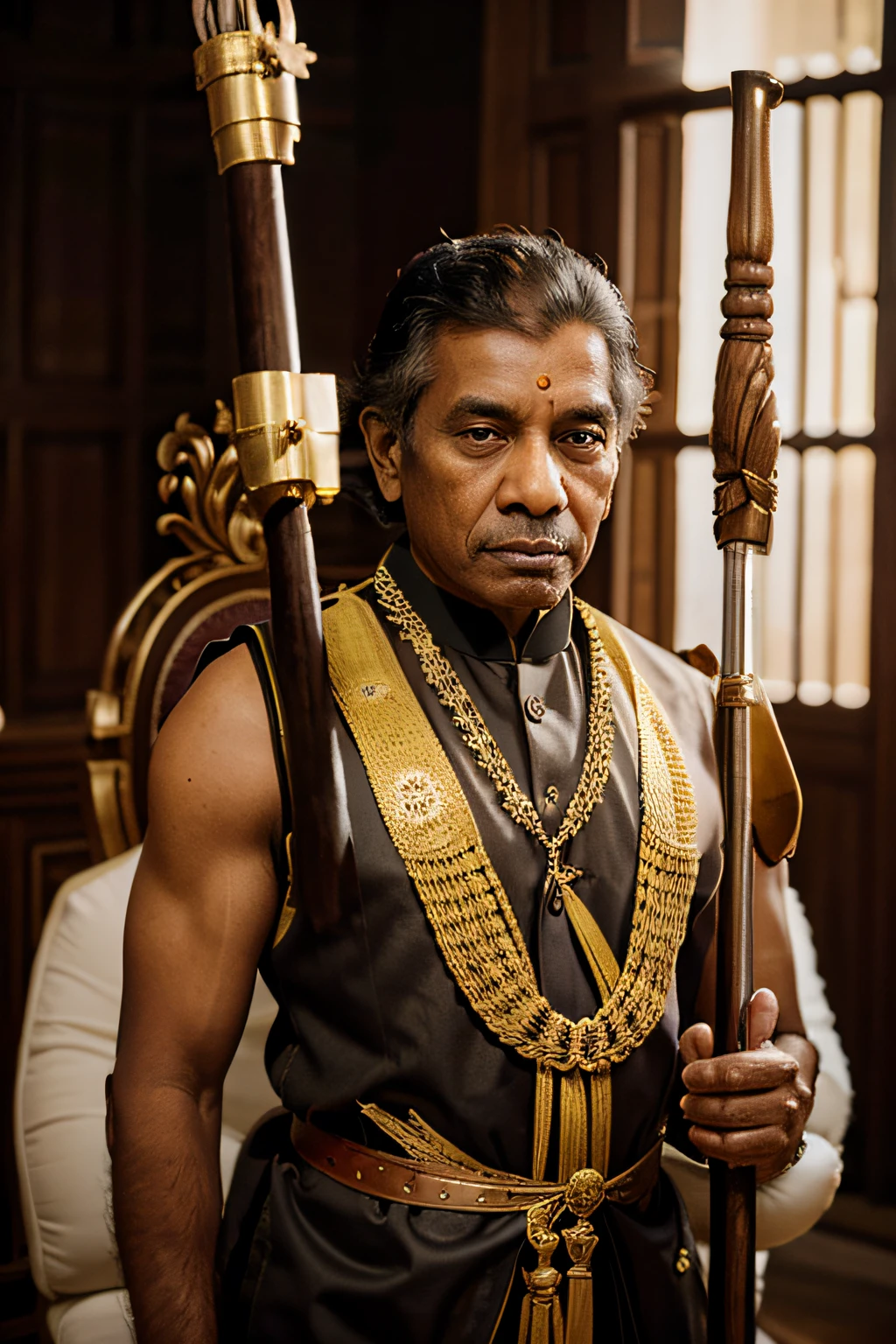 photograph of sri lankan king with bow and arrow, high quality
