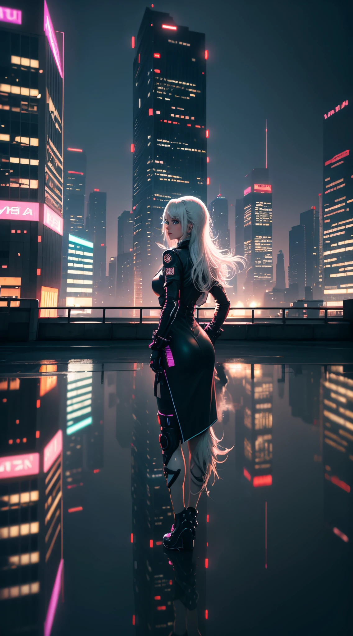 Semi realistic, 8k, Ultra resolution, Cityscape, 1 girl white haired, City scape, building, Triangular rules, Vibrant color, neon lights, reflections, Futuristic