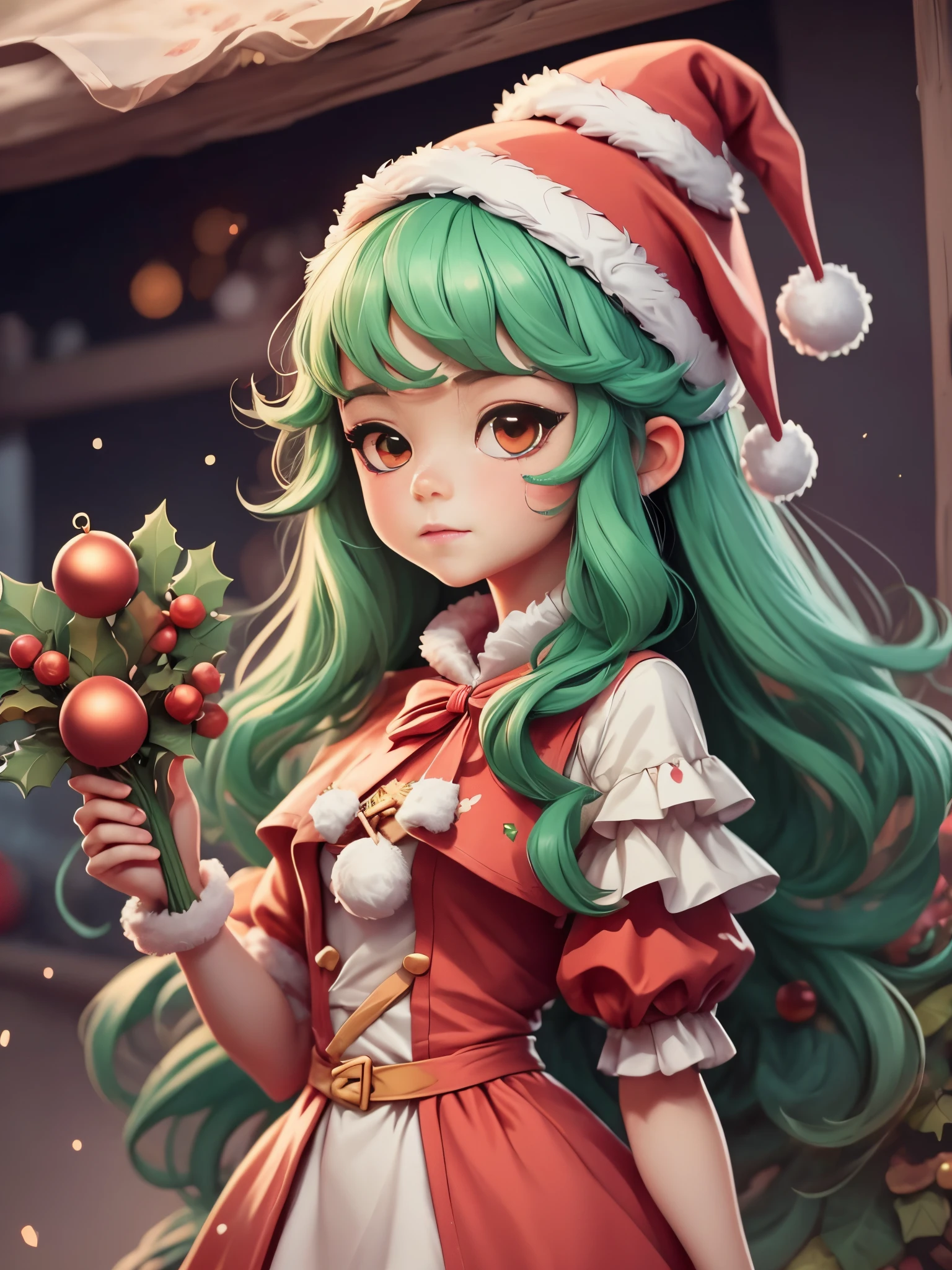 A cute girl。Long green hair。Wearing a Christmas hat。Red dress。stylized anime, Cute and detailed digital art, style of anime. 8K, Anime style 4k, 8K high quality detail art, adorable digital art,