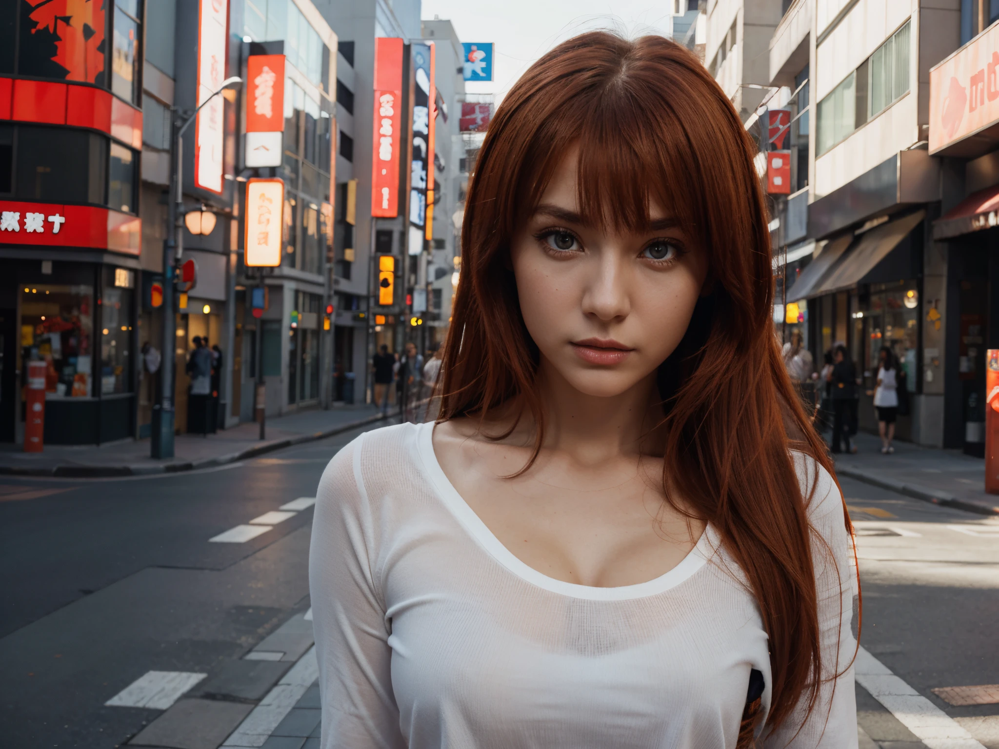 (best quality,highres),ultra-detailed,realistic,
beautiful detailed eyes,stunning fiery red hair,flawless fair skin, Asuka Langley Soryu, Asuka langley, Beautiful Pretty Mixed German Babe,
intense gaze, strong and confident allure expression ,thin red lips,
fierce attitude,
standing in the tokyo street
wearing a loose red uniform, accentuating her curves,
,
color palette with vibrant reds and cool blues,
dramatic lighting,casting shadows on her face,
artistic portrait style, combining realism and anime influences.