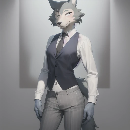 (best quality, masterpiece:1), furry female anthro legoshi wolf, solo, standing, grey hands, medium breasts, body fur, white dress shirt, grey necktie, (eye scar:1.1), blue vest, striped pants, long sleeves, looking at viewer, smile, closed mouth, abstract background, detailed octane render,  black eyes, small pupils, tail,