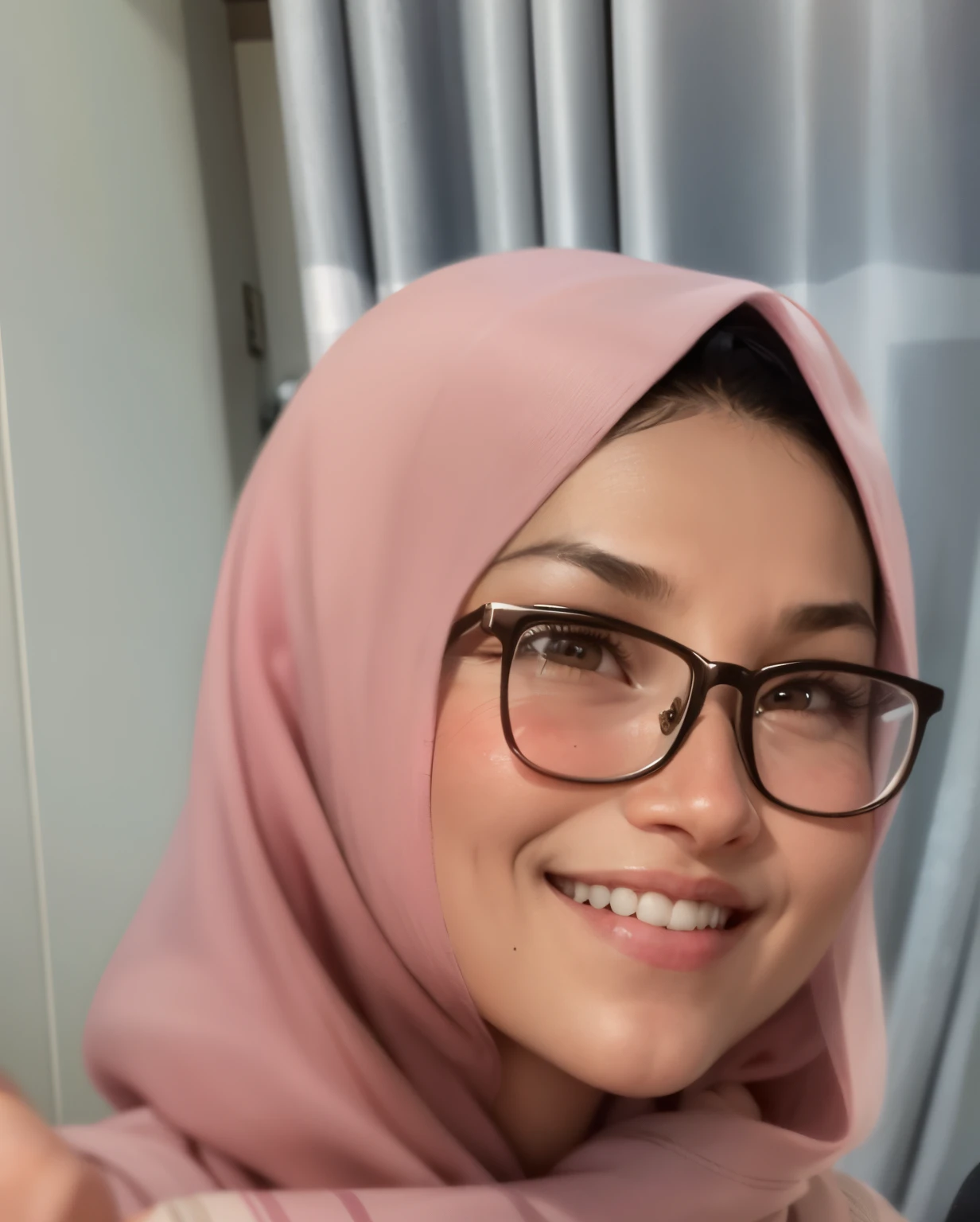 smiling woman in pink scarf and glasses holding a cell phone, faridah malik, with glasses, close up potrait, headshot profile picture, inspired by Nazmi Ziya Güran, with glasses on, taken at golden hour, sie boob, inspired by Ingrida Kadaka, zenra taliyah, she is smiling, friendly smile, 38 years old