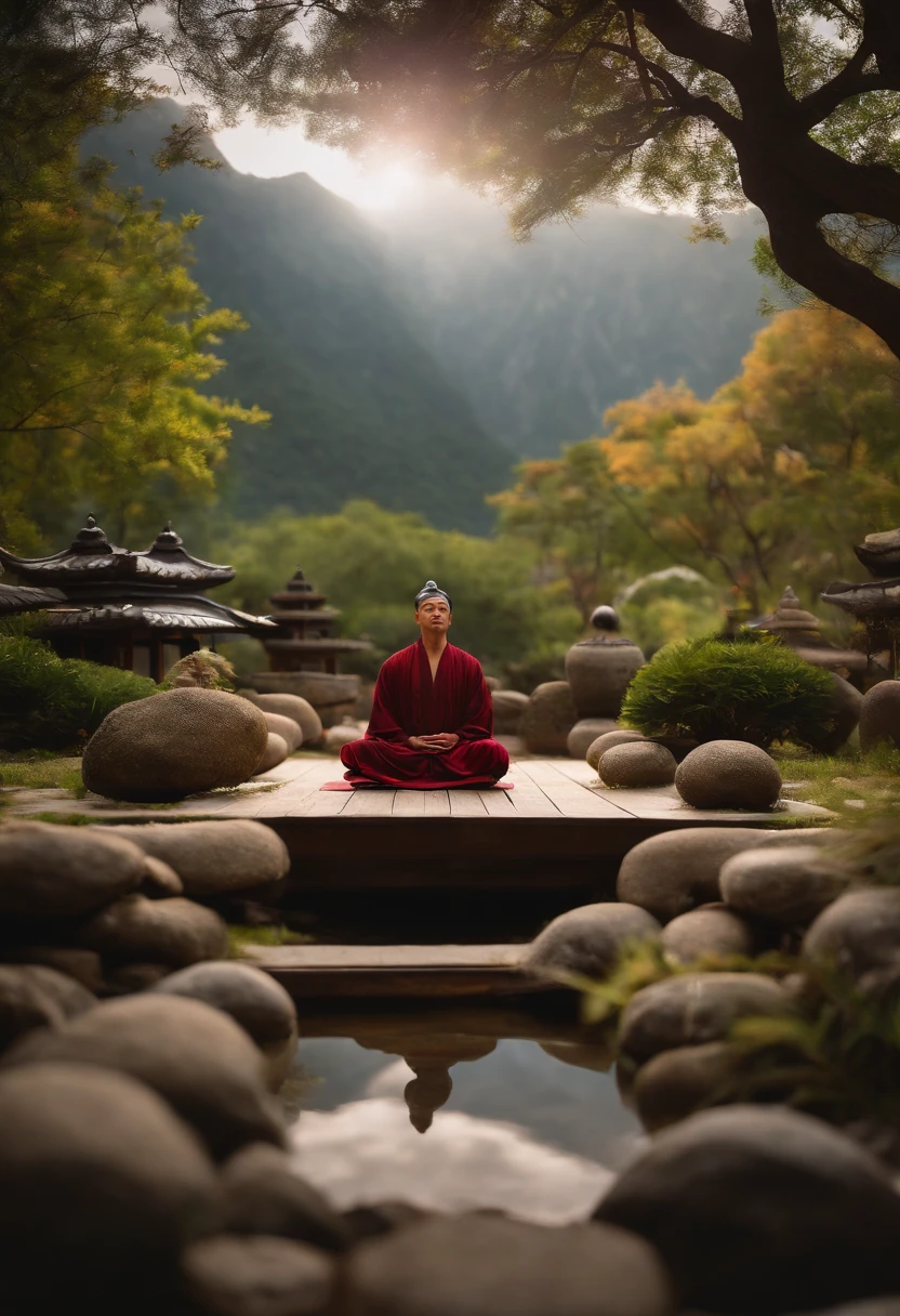 A photo of the character meditating in a tranquil zen garden,original,he is rick astley, male