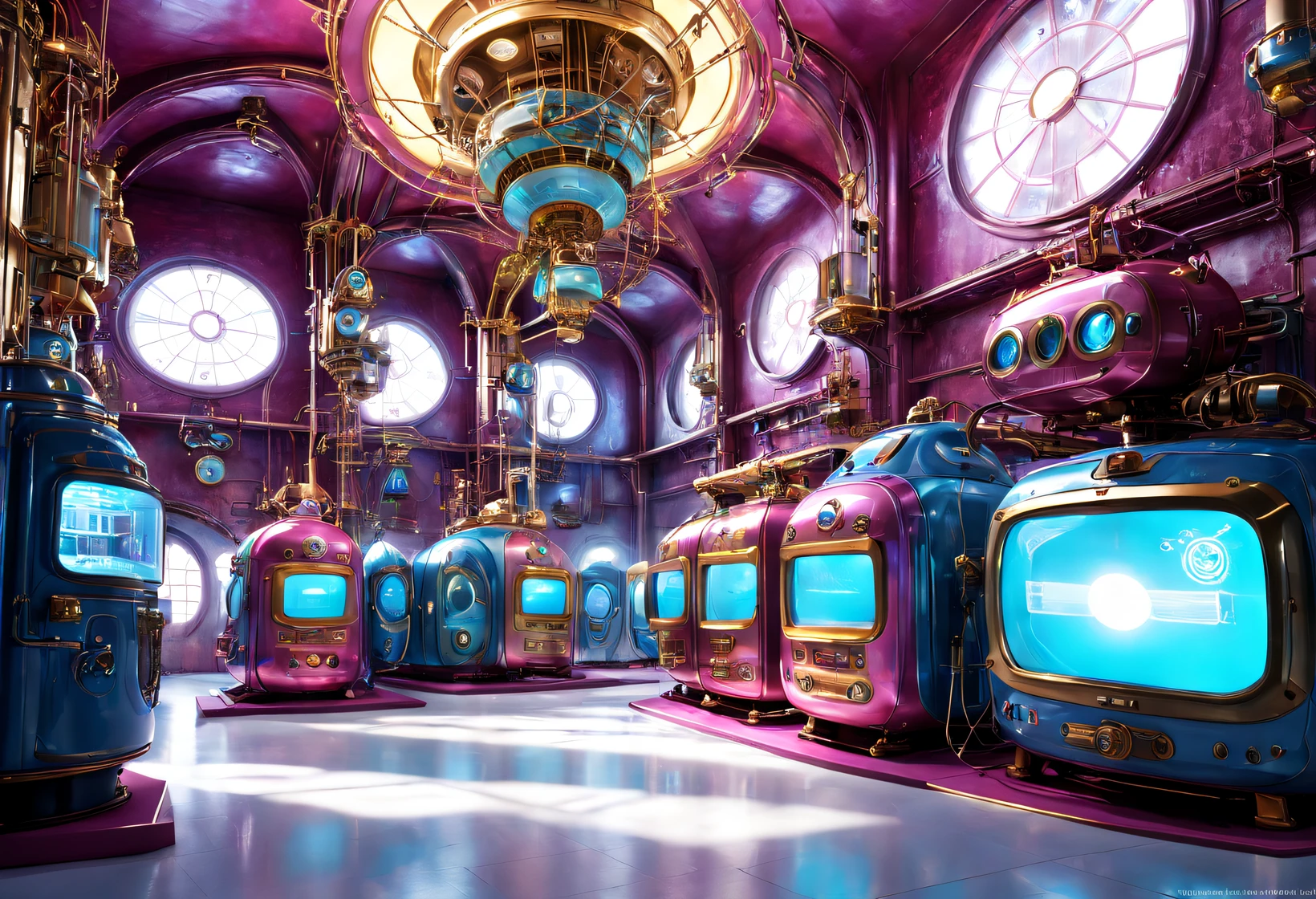 (Cloisonne Theme Park Future Technology Exhibition Hall),Lots and lots of weird electrical appliances,dreamland dreamland,ultra-realistic realism,Asymmetrical balance ,( magenta )Carmine+( blue white colors )Blue-cyan+( tin foil gold )golden colored,pixar character