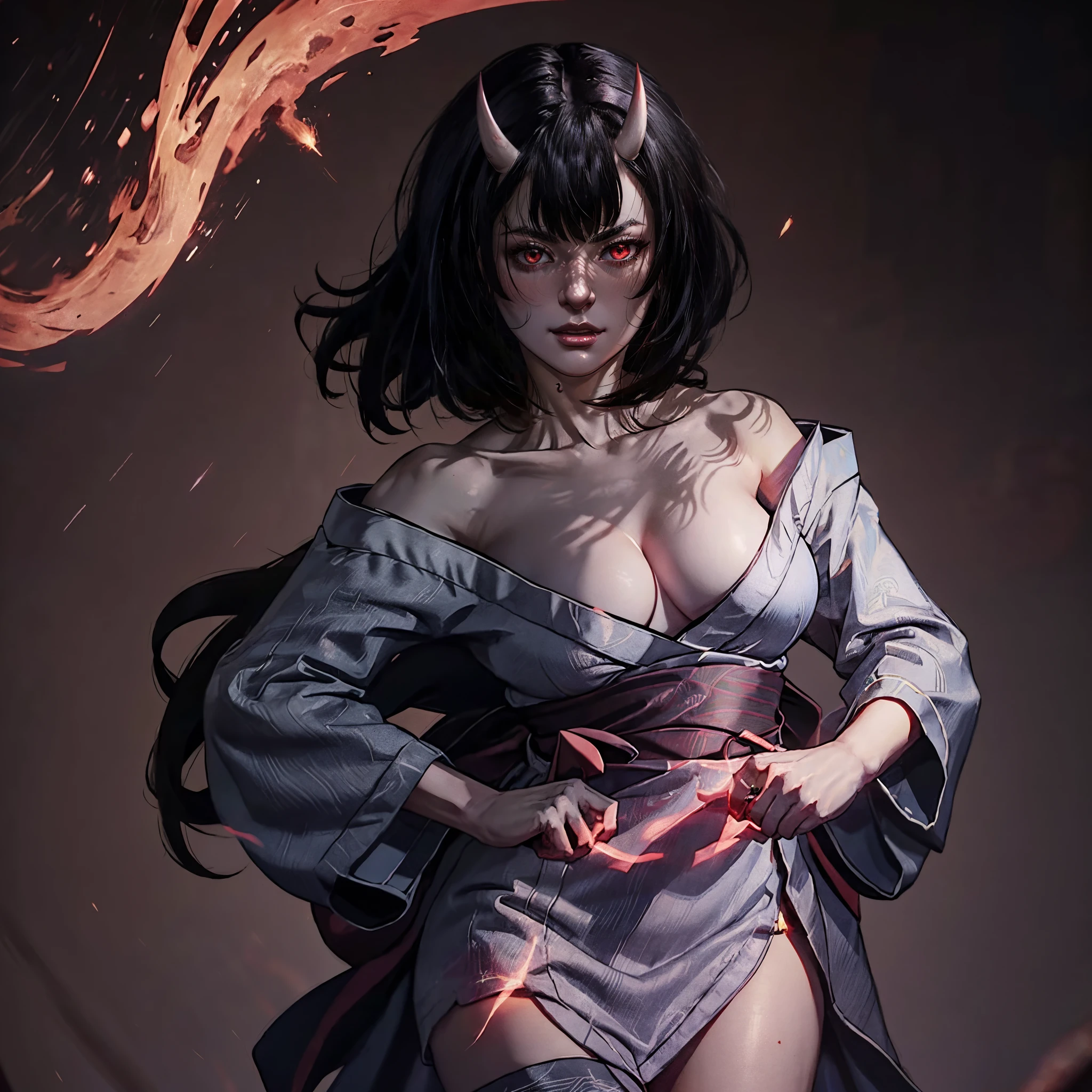Masterpiece , highlydetailed, Hyperrealistic, fullbodyshot of Haryuu ,oni horns, short black hair, glowing red eyes, kimono off shoulder showing large breasts and clivage, perfect hands, good hands, perfect face features with seductive and serious look, perfect thick curvy and muscular body shape