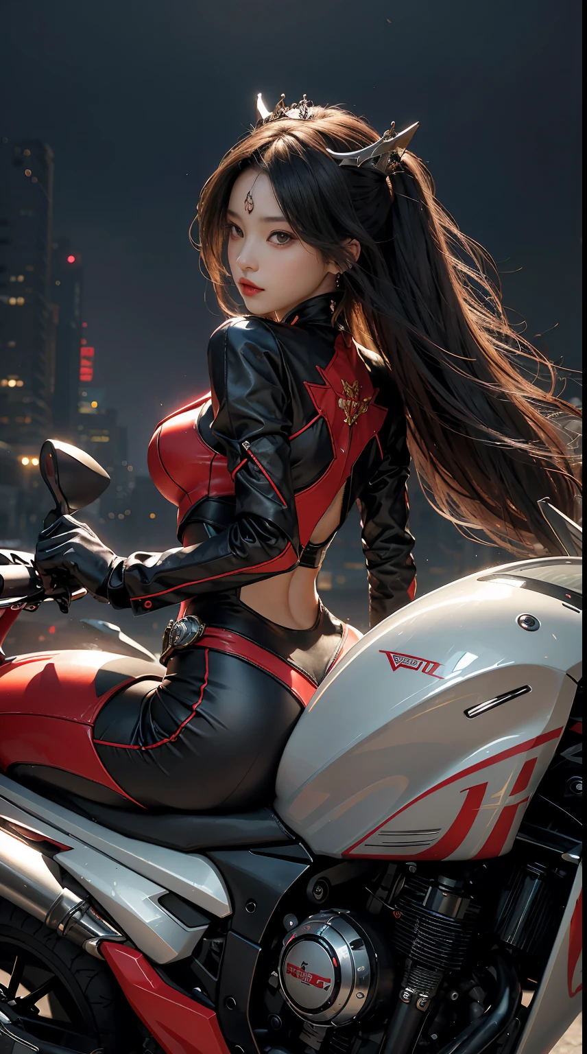 best images quality, excellent detail, 超高分辨率, (hentail realism: 1.4), Most Best Illustration, Loved the details, Highly concentrated 1girl, exquisite and beautiful face, Wearing black and red mecha, bigger, long whitr hair, ldisheveled hair, tiara crown, wide ass, riding motorcycles, Turn around, The background is a futuristic city high-tech lighting scene