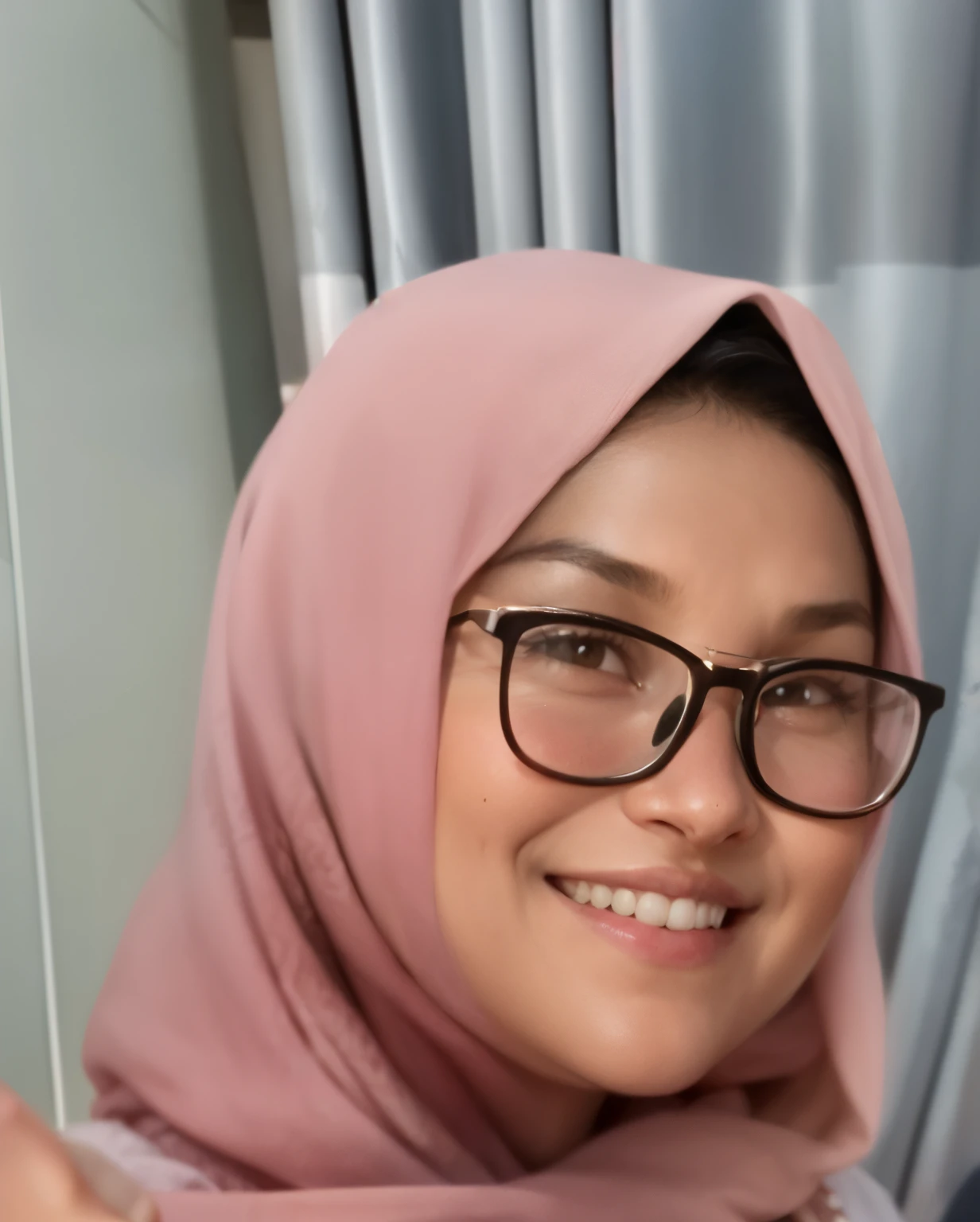 smiling woman in pink scarf and glasses holding a cell phone, faridah malik, with glasses, close up potrait, headshot profile picture, inspired by Nazmi Ziya Güran, with glasses on, taken at golden hour, sie boob, inspired by Ingrida Kadaka, zenra taliyah, she is smiling, friendly smile, 38 years old