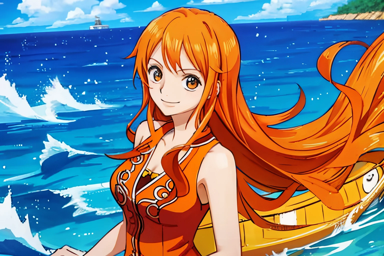 Generate a high-resolution image of Nami from One Piece with a drawing style close to that of Eichiro Oda , Very very high quality image, Nami sits on a beach lounge chair with a pirate hat and tangerine in her hand , elle porte un soutien gorge de couleur orange qui laisse entrevoir sa grosse poitrine plantureuse, elle met un pantalon assez moulant et lance un sourire provocateur et confiant, rolling his tongue over his clear lips , The lines must be fine and the photo of high quality, elle regarde le public , finely detailed, mignon, Nami a 23 ans