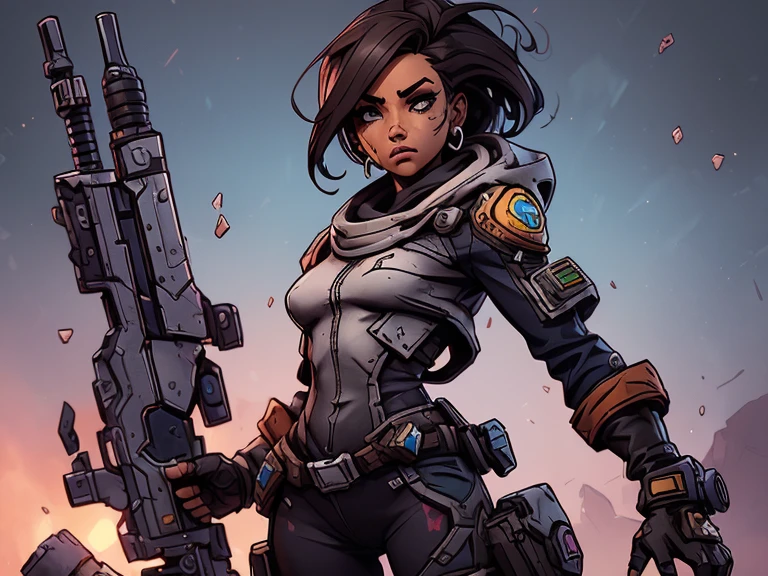 (((sem roupas, pele escura))), (((scientific fiction, pele escura, desenho de linha, aquarela))), with first person view high definition character art, personagem negra do jogo Borderlands, cabelo preto preso, First-person view, pronta para enfrentar seus inimigos, behind her a futuristic desert, personagem do jogo Borderlands. Esta imagem de alta qualidade, renderizada em 8K Ultra HD, mostra detalhes intrincados da cena. obra-prima aprimorada digitalmente ou pintada com requinte, scientific fiction, postura ativa, estilo de quadrinhos, post-apocalyptic fashion