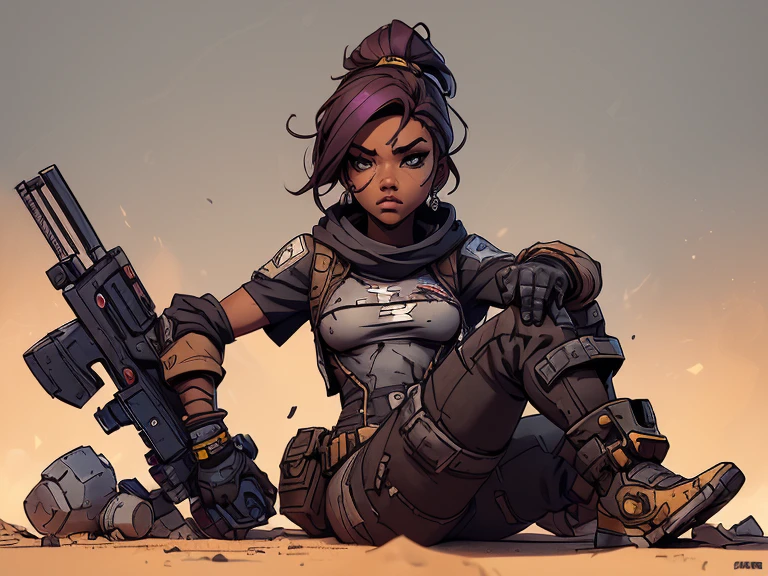 (((sem roupas, pele escura))), (((scientific fiction, pele escura, desenho de linha, aquarela))), with first person view high definition character art, personagem negra do jogo Borderlands, cabelo preto preso, First-person view, pronta para enfrentar seus inimigos, behind her a futuristic desert, personagem do jogo Borderlands. Esta imagem de alta qualidade, renderizada em 8K Ultra HD, mostra detalhes intrincados da cena. obra-prima aprimorada digitalmente ou pintada com requinte, scientific fiction, postura ativa, estilo de quadrinhos, post-apocalyptic fashion