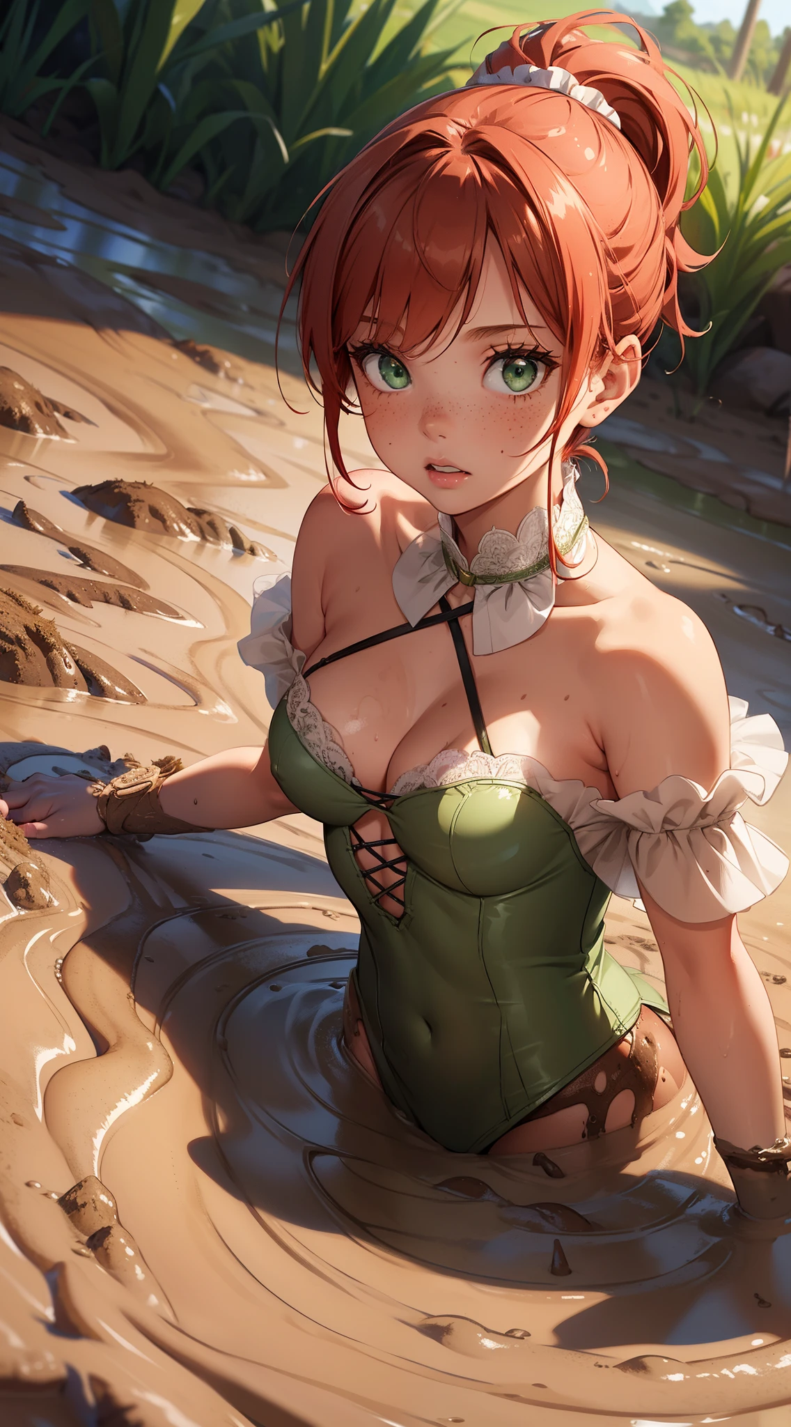 1girl, natural lighting, masterpiece, highly detailed, illustration, game CG, absurdres, high quality, redhead, green eyes, freckles, glossy lips, blush, ponytail, (garden), white strapless lace-up leotard, standing, tutu, (medium breasts), (sinking in mud:1.3), fear, scared