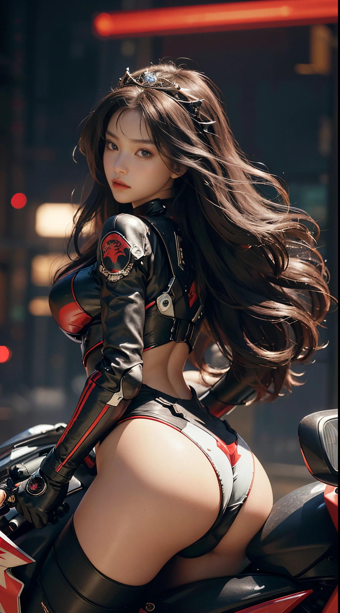 Best image quality, outstanding detail, ultra high resolution, (realism: 1.4), best illustration, prefer details, highly condensed 1girl, delicate and beautiful face, dressed in black and red mecha, big, long hair, disheveled hair, tiara, wide ass, riding a motorcycle, turning around, background is a futuristic city high-tech lighting scene