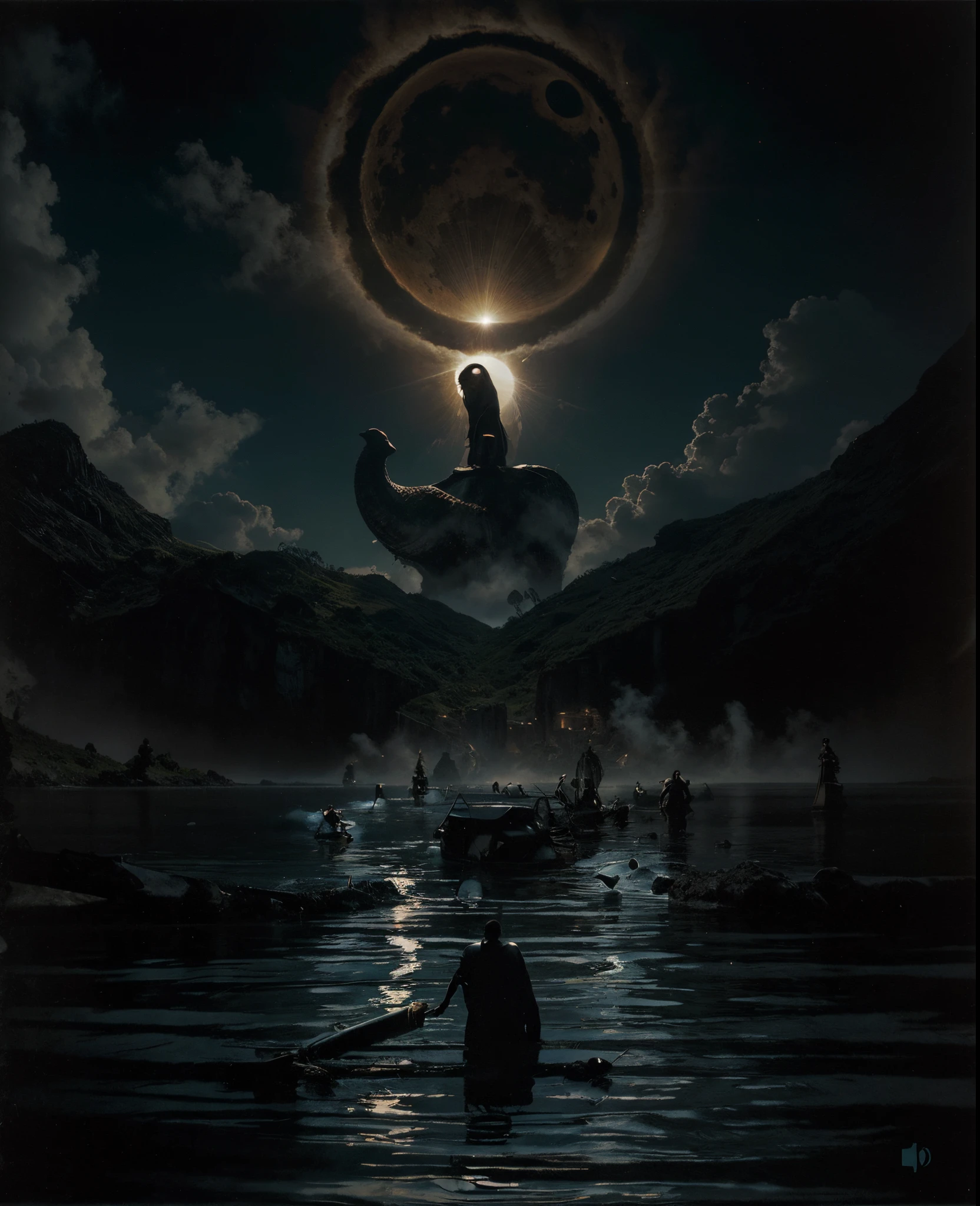 Imagen arafeada de un hombre parado en el agua con una mano gigante en el fondo., Arte oscuro surrealista, Sol negro, con soles negros en el cielo, dramatic artwork, Arte surrealista oscuro, eclipse, Eclipse eterno, Arte oscuro altamente detallado, enorme y gigantesco sol negro, album art, by Kristian Kreković, Sol oscuro, an ominous fantasy illustration