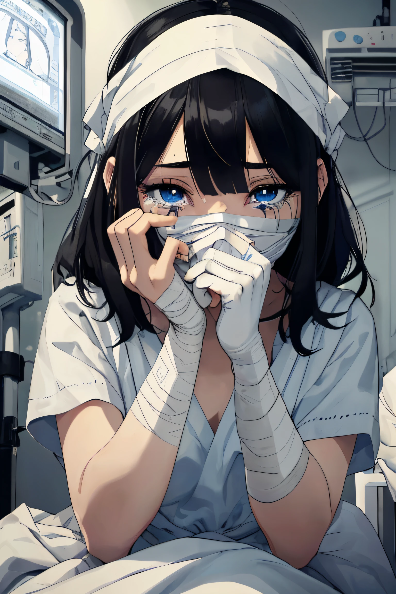best quality, expressive eyes, perfect face, ((masterpiece)), (a girl wearing a hospital gown, covered in bandages, covered in bandages, sitting in hospital bed), (black hair, side bangs), (nervous eyes), covering face, (crying), wiping tears away from eyes, hair covering one eye, trying to cover face, hair over eye:1.6, expressive sad blue eyes