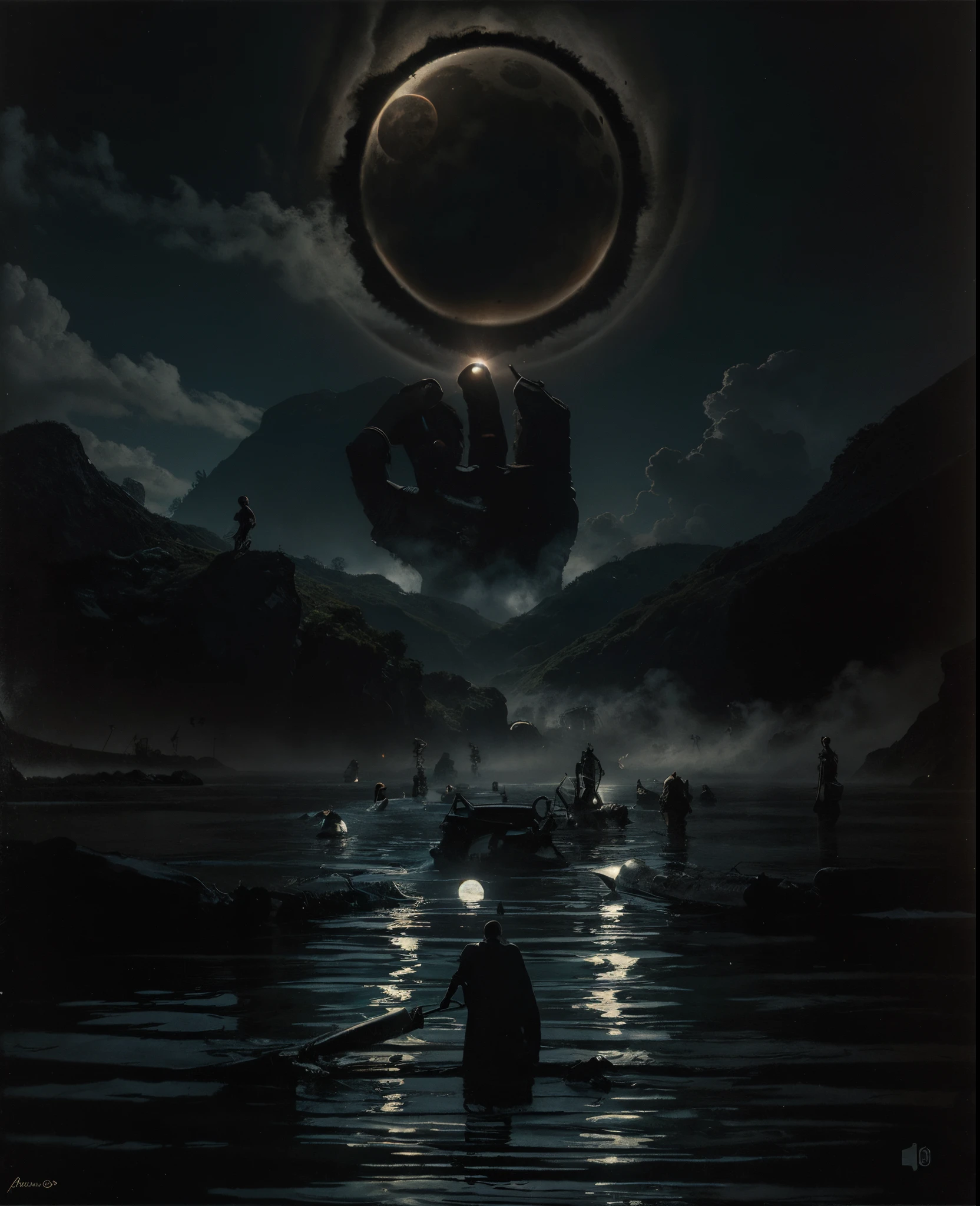 Imagen arafeada de un hombre parado en el agua con una mano gigante en el fondo., Arte oscuro surrealista, Sol negro, con soles negros en el cielo, dramatic artwork, Arte surrealista oscuro, eclipse, Eclipse eterno, Arte oscuro altamente detallado, enorme y gigantesco sol negro, album art, by Kristian Kreković, Sol oscuro, an ominous fantasy illustration