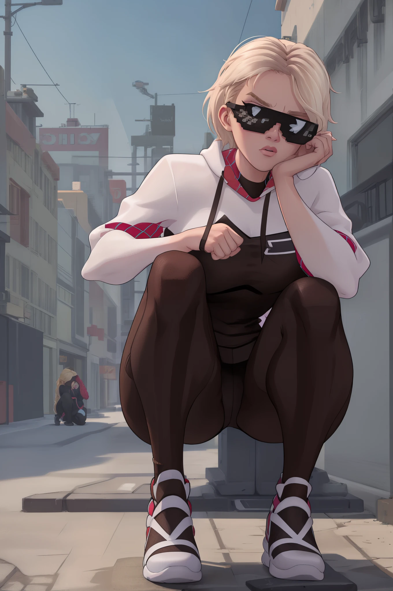 incrsdealwithit
sunglasses a very confidant badass arrogant cocky boss bitch attitude ,gwen stacy  wearing chunky saggy edgy loose adidas tracksuit slav squatting with both of her hands in her pants pockets with a mean face