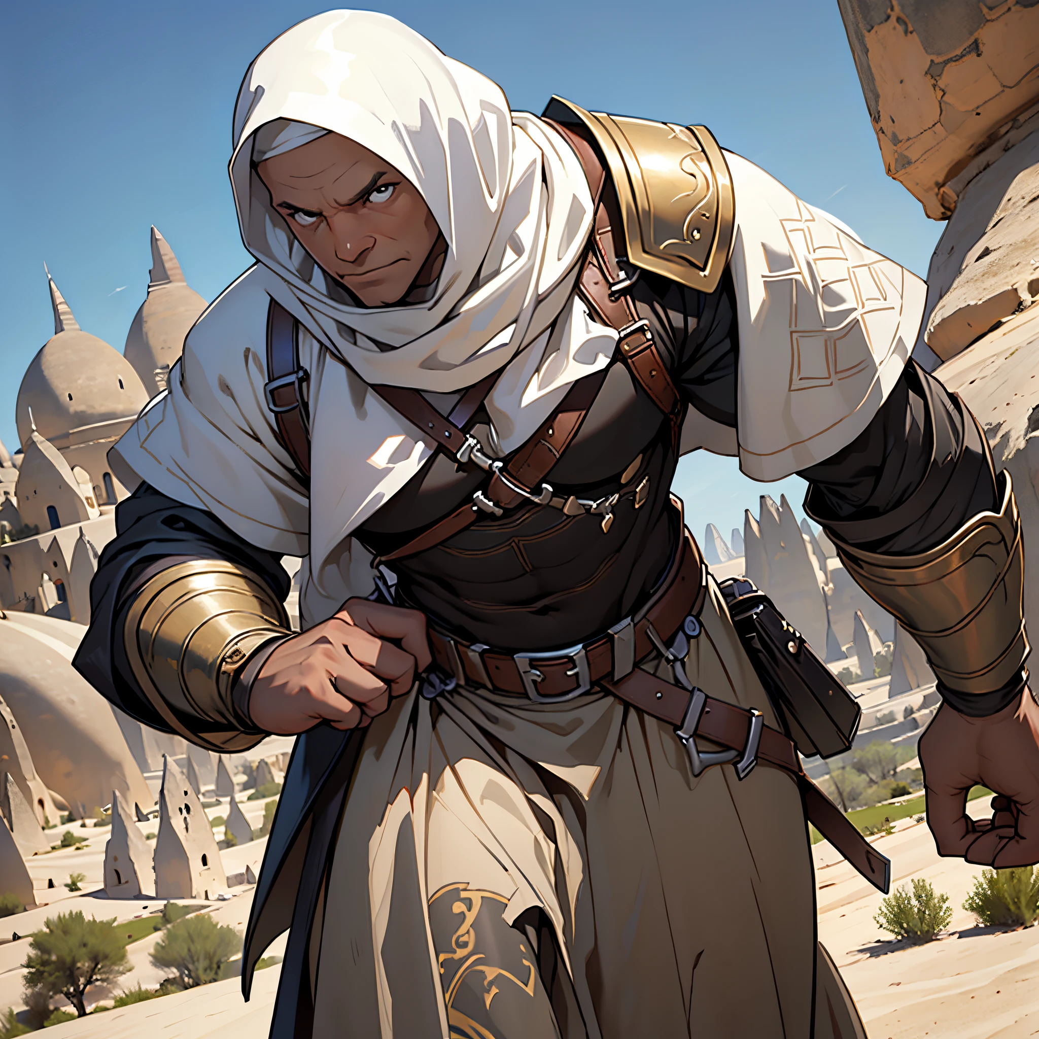 ​masterpiece, Best Quality, 4k, Very detailed, Background with:Medieval Cappadocia in the desert, Warrior wearing leather armor and white hijab, Jack the Ripper