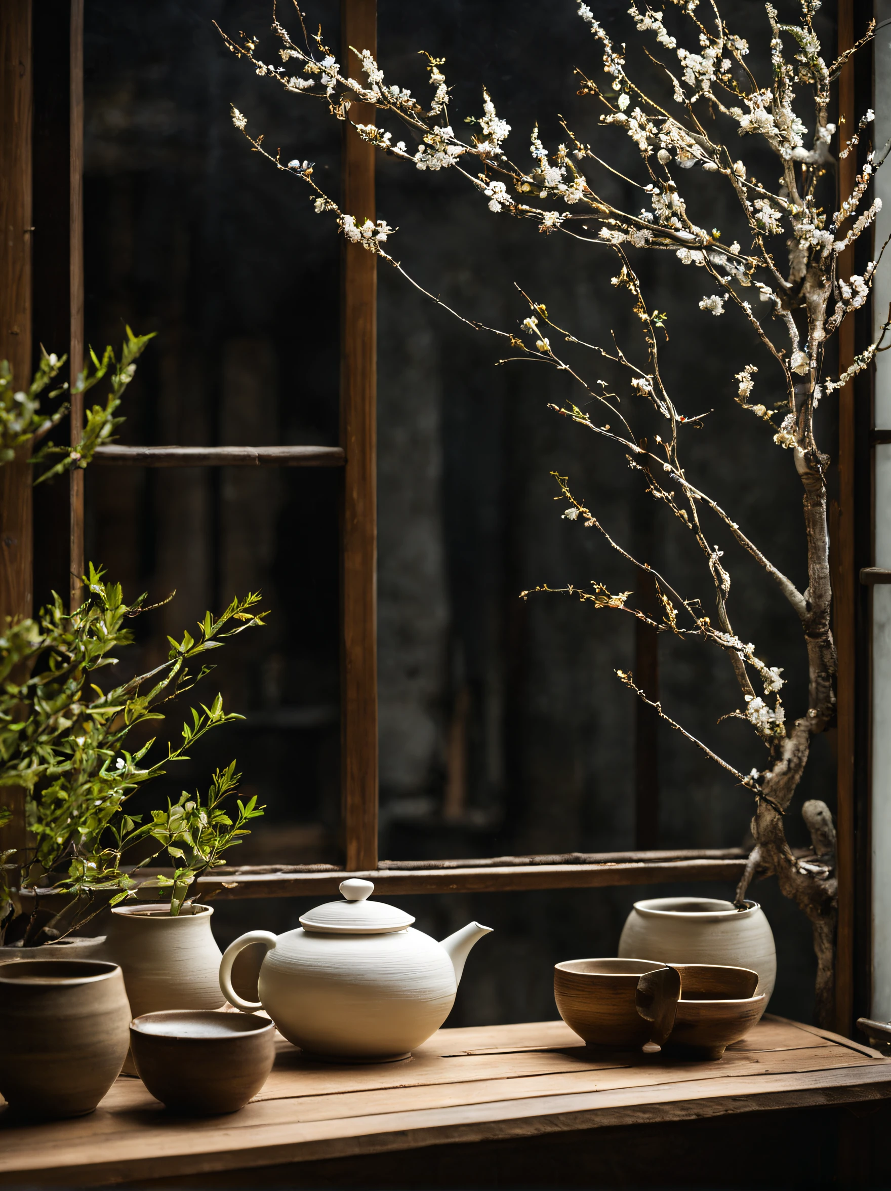 close-up of display window seen from outside, modern and elegant wabi-sabi style, impressively bright, serenidade, not too much detail or color, a personalized presentation of modern japanese zen style, the dilapidated display window seen from the outside, white textured paper lantern, zen-like dead branches in the corner, there are dead branches on the long wooden bench, tea set, tea making, japanese elegant and simple small white ceramic tea set, zen elements, elegant and high-end effect, make it look textured, simple design, hyper hd, ultra-detailed, (super quality, super meticulous, super complex, extremly intricate), soft and natural light and shadow, (burn an incense smoke), without humans, ultra-wide-angle, (detailed texture), background covered with film grain, (nighttime scene, cold light), designed small plants