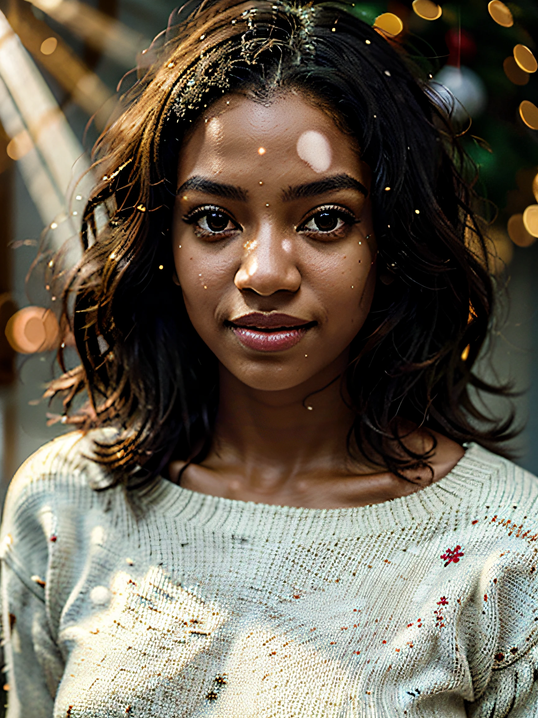 snow, girl wearing christmas sweater, Caribbean ethnicity, bob hair, messy hair, longeyelashes, amber eyes, light smile, glowing light, god rays, glowing light, glowing light, Fujicolor, masterpiece, super detail, high quality, best quality, 8k, 16k, high details, textured skin, ccurate, UHD, highres
