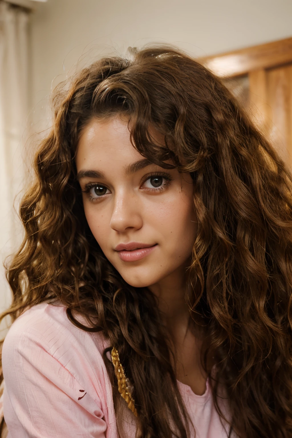 a close up of a beautiful woman with long curly hair and a pink shirt, she has olive brown skin, with a curly perm, gorgeous attractive face, brown curly hair, curly brown hair, medium - long curly brown hair, curly haired, with long curly hair, curly dirty blonde hair, curly dark hair, long brown puffy curly hair, very beautiful girl