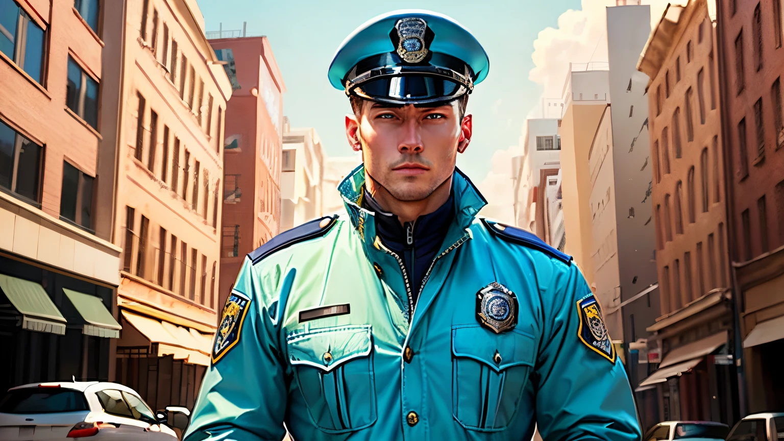 Community service portrait photography, Chinese man ordinary traffic police wearing sunglasses, standing at the intersection work to direct traffic, hyper-realistic and real --auto --s2