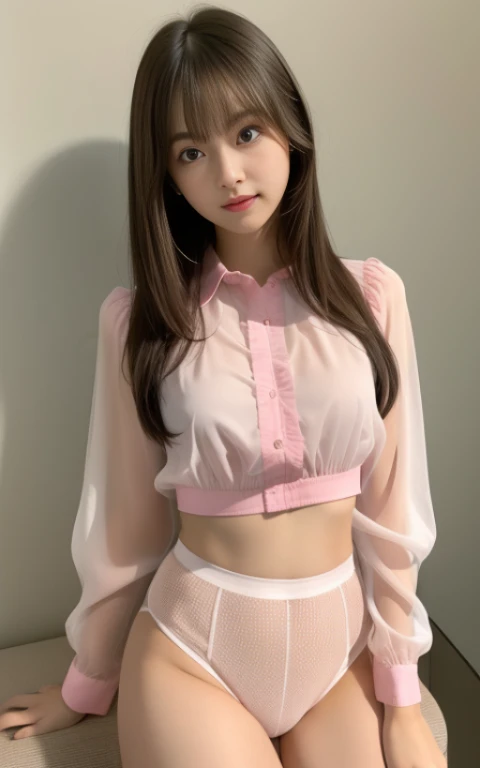 (Photo Real:1.4), (hyper realisitic:1.4), (Smooth lighting:1.05), 1 girl, (sad:1.4), Mouth slightly open, Neat and clean beauty, 22 years old, Soft lighting, Back lighting, (cheerfulness:1.2), (Finest Real Textured Skins), Narrow-eyed, Super fine face, glowy skin, retinas, Anatomically correct, acurate, Super Detail, Textured skin, High quality, high details, Best Quality, High resolution, ty,s Office, Medium Hair, Bangs, Blouse,Big,Her pink underwear is transparent,Blouse,tight skirts