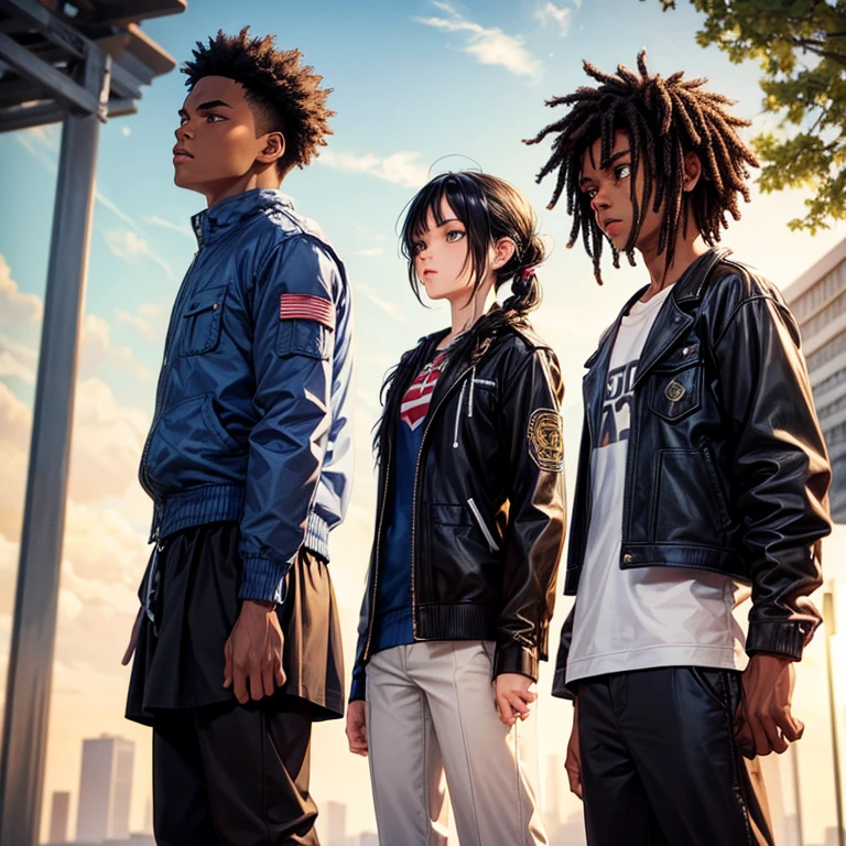 best quality, detailed, African american, male, standing alone, short dreads, wearing a jacket, athletic build, black hair, emo hair, singular person, young adult
